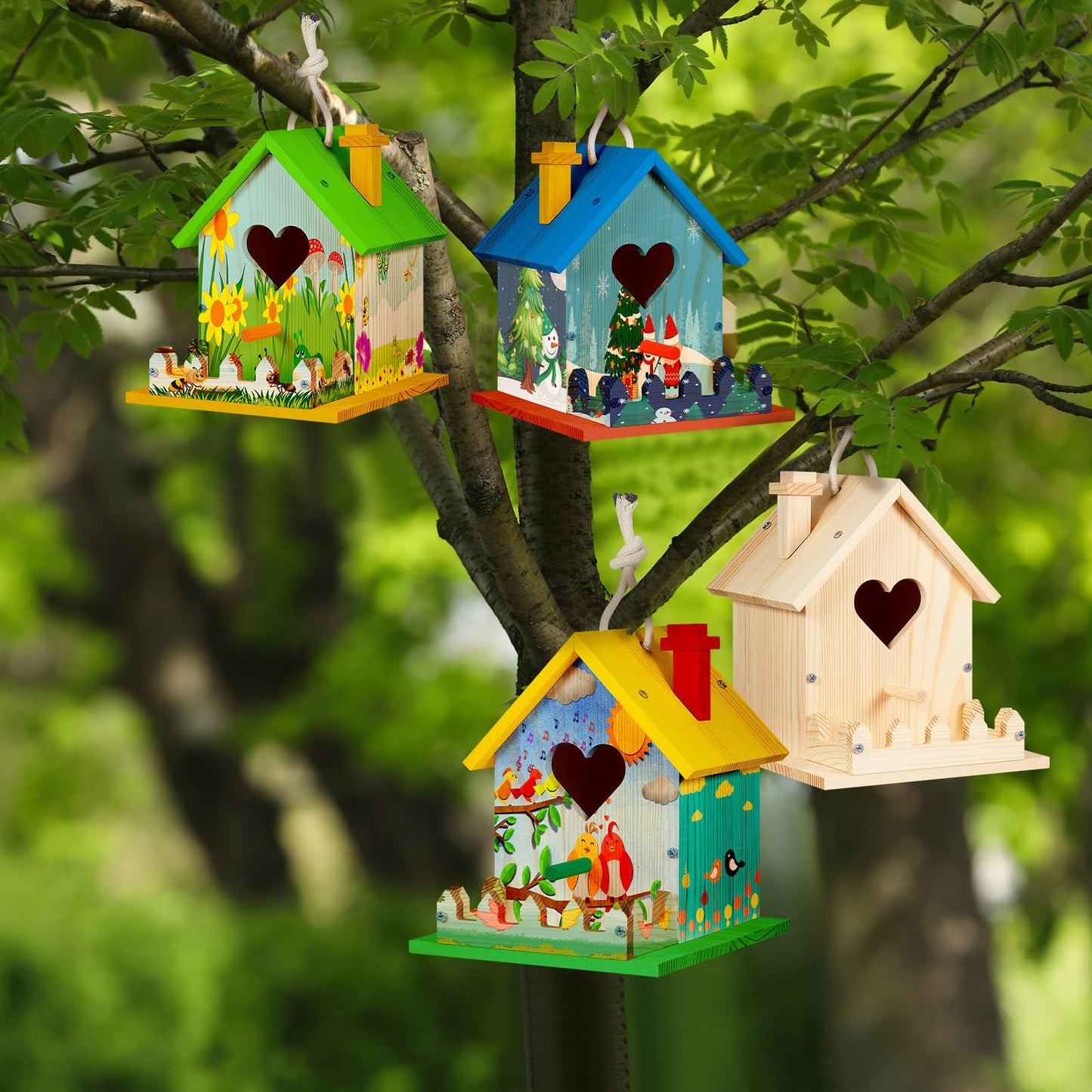 Juexica 4 Pack Wooden Birdhouse Kit DIY Buildable Bird House with Paint and Paintbrushes Art and Crafts Painting Kits for Boys Girls Adults Classroom Projects Gift Birthday Outdoor Craft(Heart)