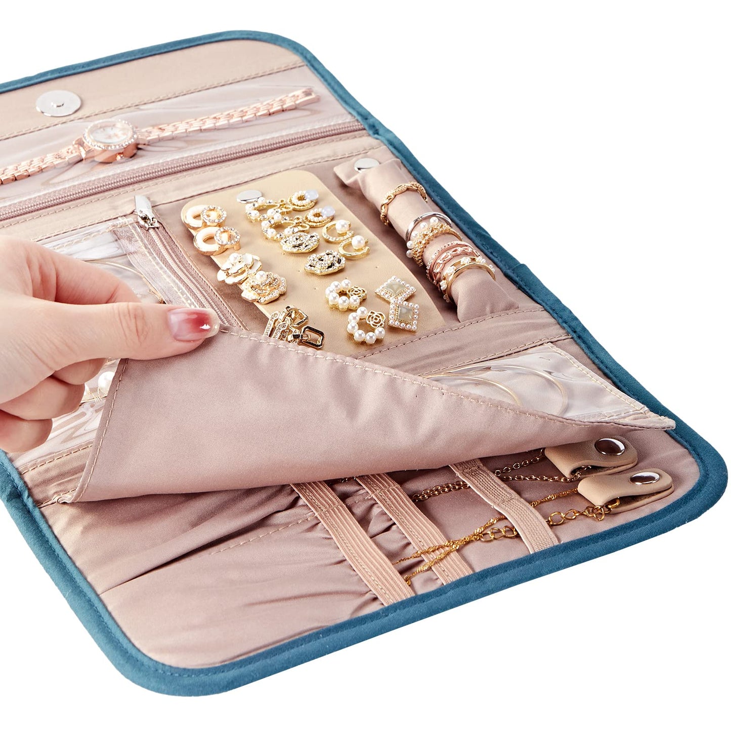 BELALIFE Travel Jewelry Case Organizer, Foldable Storage Roll for Earrings, Necklaces, Rings, Bracelets, Brooches, Lake-Blue