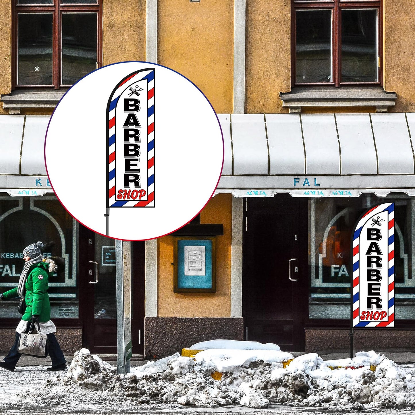 VitalCozy 2 Set Barber Flag Barbershop Themed Swooper Flag Banner with Pole Kit Open Feather Barber Sign for Salon Business Advertising Outdoor Outside(7 ft)