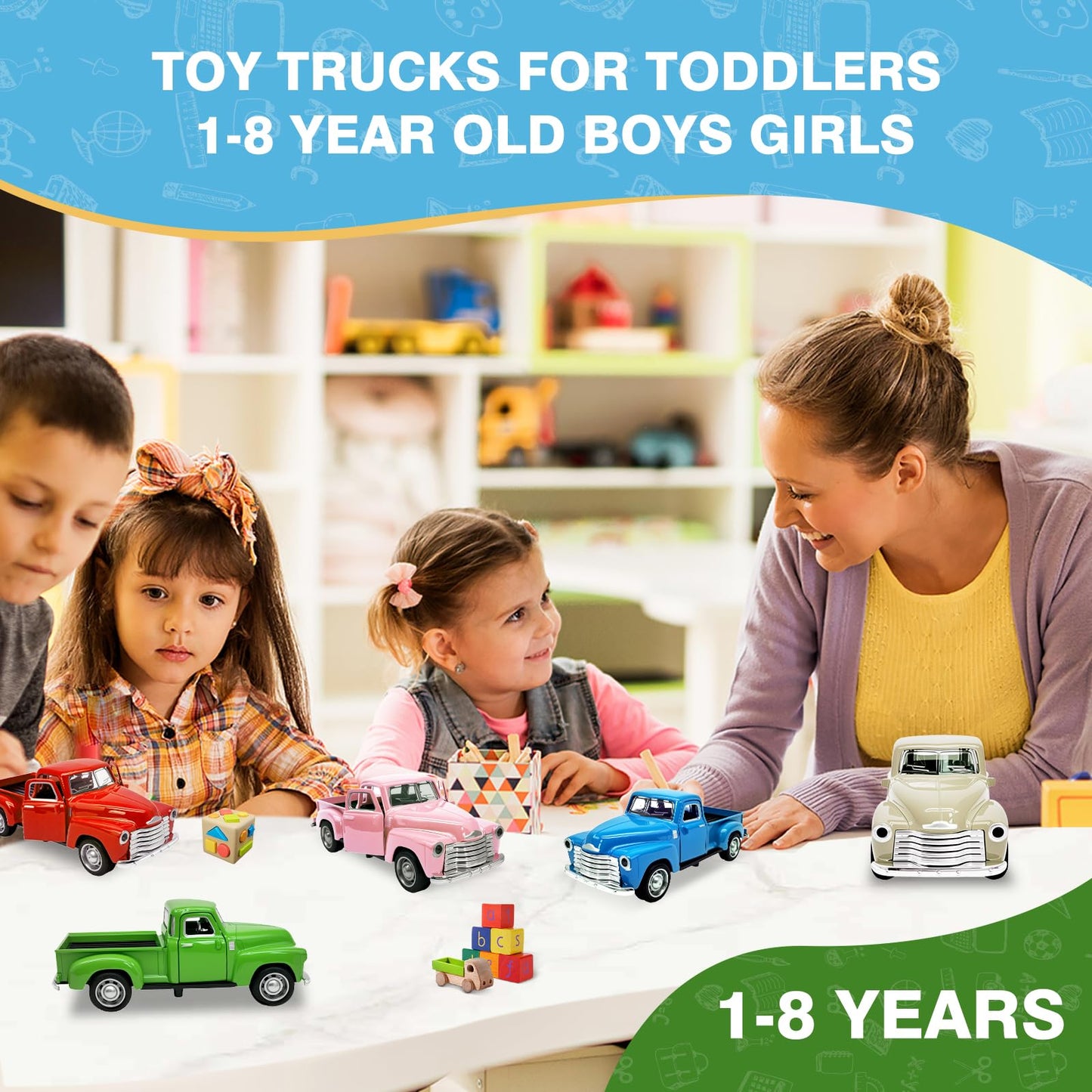 AGSIXZLAN 4 x Toy Cars for Toddlers 2 3 4 5 6 7 8 Years Alloy Toy Cars 1:32 for Toddlers Can Be Driven Car Door Can Be Opened Truck