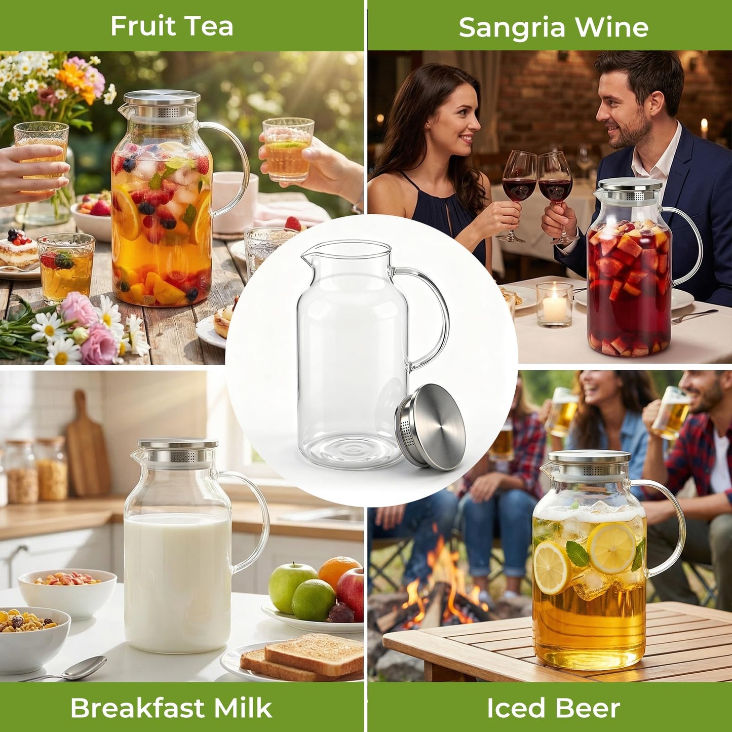 1 Gallon/3.8L Glass Pitcher with Lid, Extra Large Water Carafe Jug, Borosilicate Glass Iced Tea Pitcher, Glass Water Pitcher with Silicone Base, Leak-proof Ring & Cleaning Brush Included (Transparent)