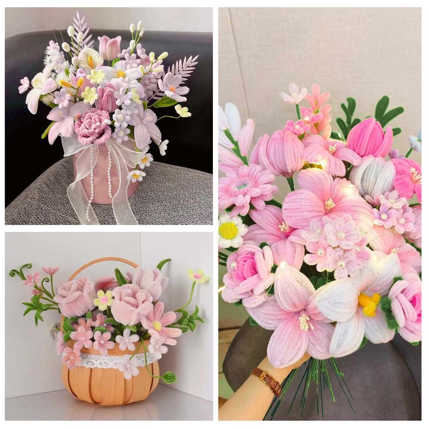 Peryiter 12 Inch Pipe Cleaners Flowers Set 1000 Pcs Chenille Stems Craft Supplies Bulk for Tulip Bouquet Making, Art DIY Craft Projects Creative Gift Party Decorations (Pink Flower)