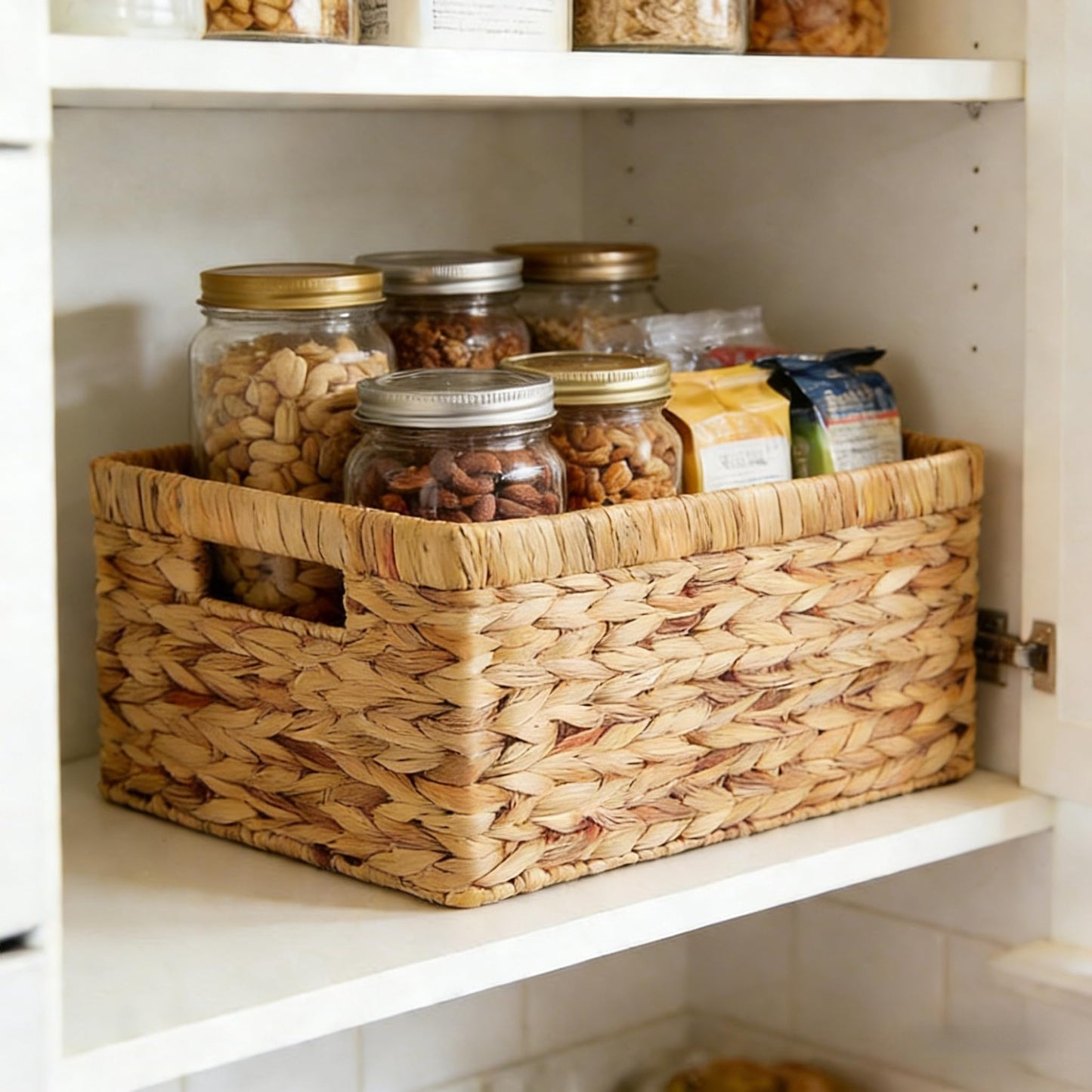 Water Hyacinth Woven Storage Baskets, Set of 4 Wicker Baskets for Organizing with Built-In Handles, Handwoven Rectangular Shelf Bins for Pantry, Bathroom, Kitchen, Closet (13 x 8.25 x 7 in)