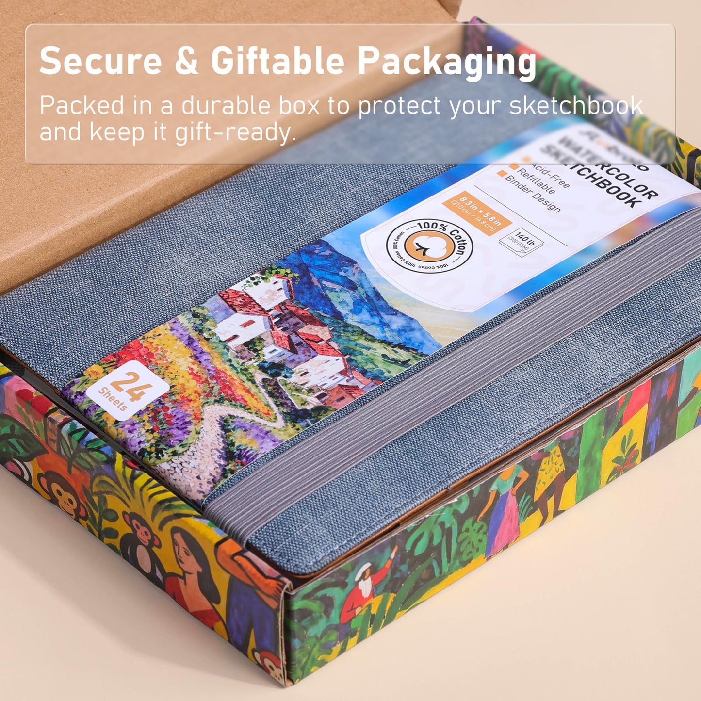 Watercolor Sketchbook A5 (8.3" x 5.8"), 24 Sheets 100% Cotton Hot Press 300GSM 140LB, Refillable Paper with Dual-Sided Consistent Texture, for Watercolor, Gouache, Acrylic & Mixed Media