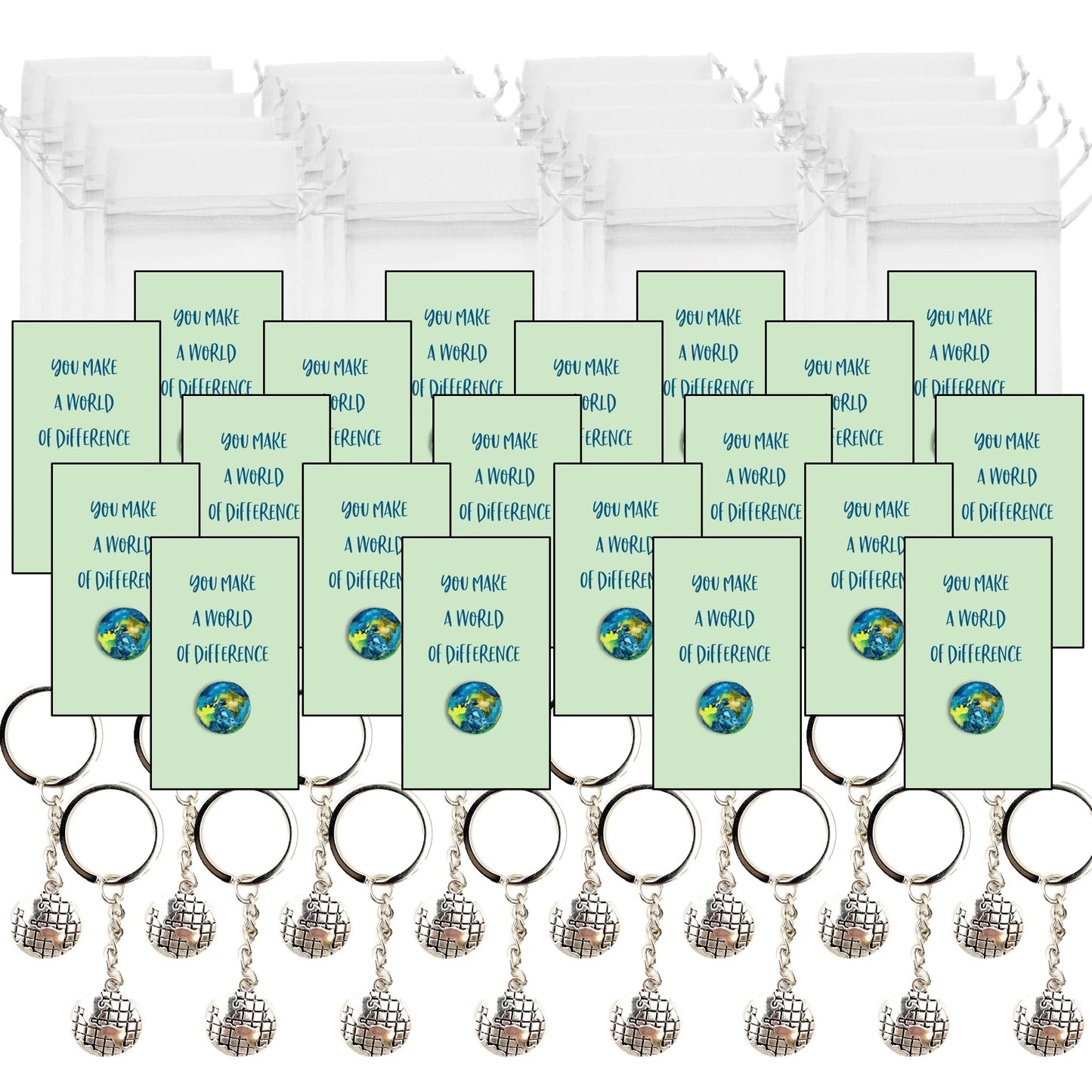 Smiling Wisdom - 20 Bulk Gifts - You Make A World of Difference - Staff Employee Appreciation 3.5x2in Cards & Keepsake Gifts - 60pcs - Silver World Keychains