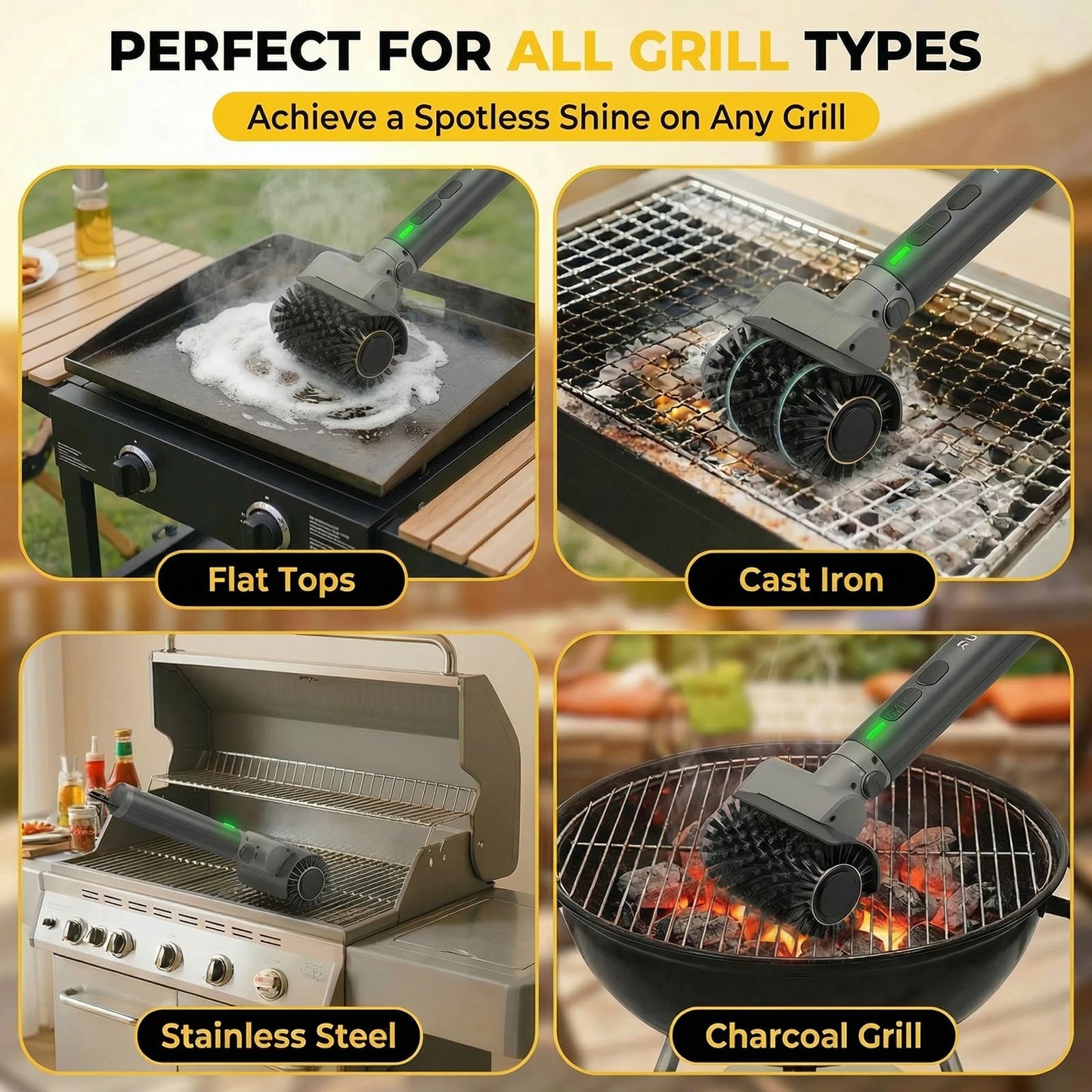 Electric Grill Brush, Cordless Rechargeable Grill Cleaner, 58W BBQ Cleaning Brush with 5200mAh Battery, 150-Min Runtime, 3 Speeds, Angle Adjustable, IPX7 Waterproof, Anti-Shedding for Outdoor Barbecue