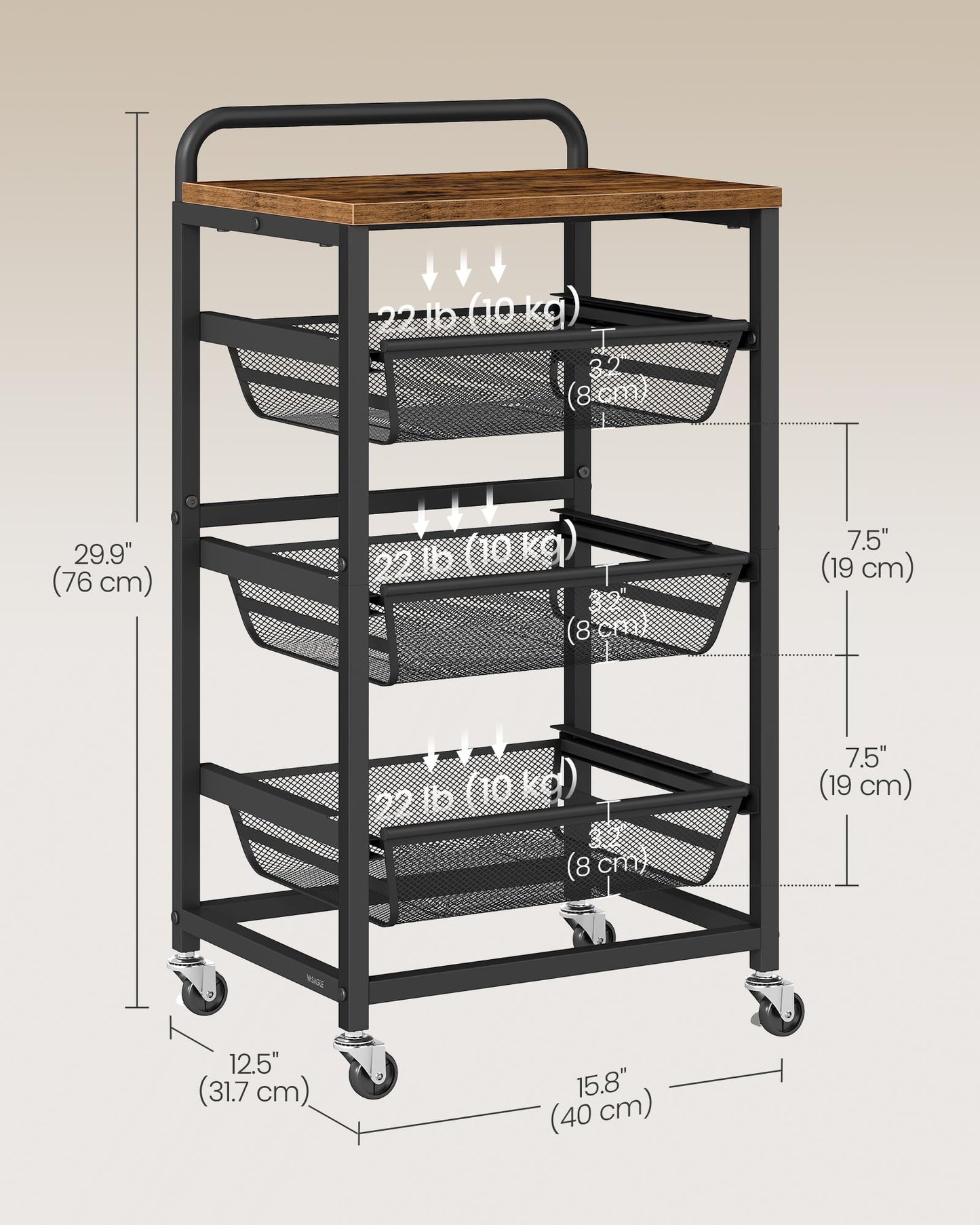 VASAGLE Storage Rolling Cart with Pull-Out Baskets, 4-Tier Utility Cart Orgnizer with Wheels for Laundry Room, Kitchen, Handle, 12.5 x 15.8 x 29.9 Inches, Rustic Brown and Ink Black ULRC040K01