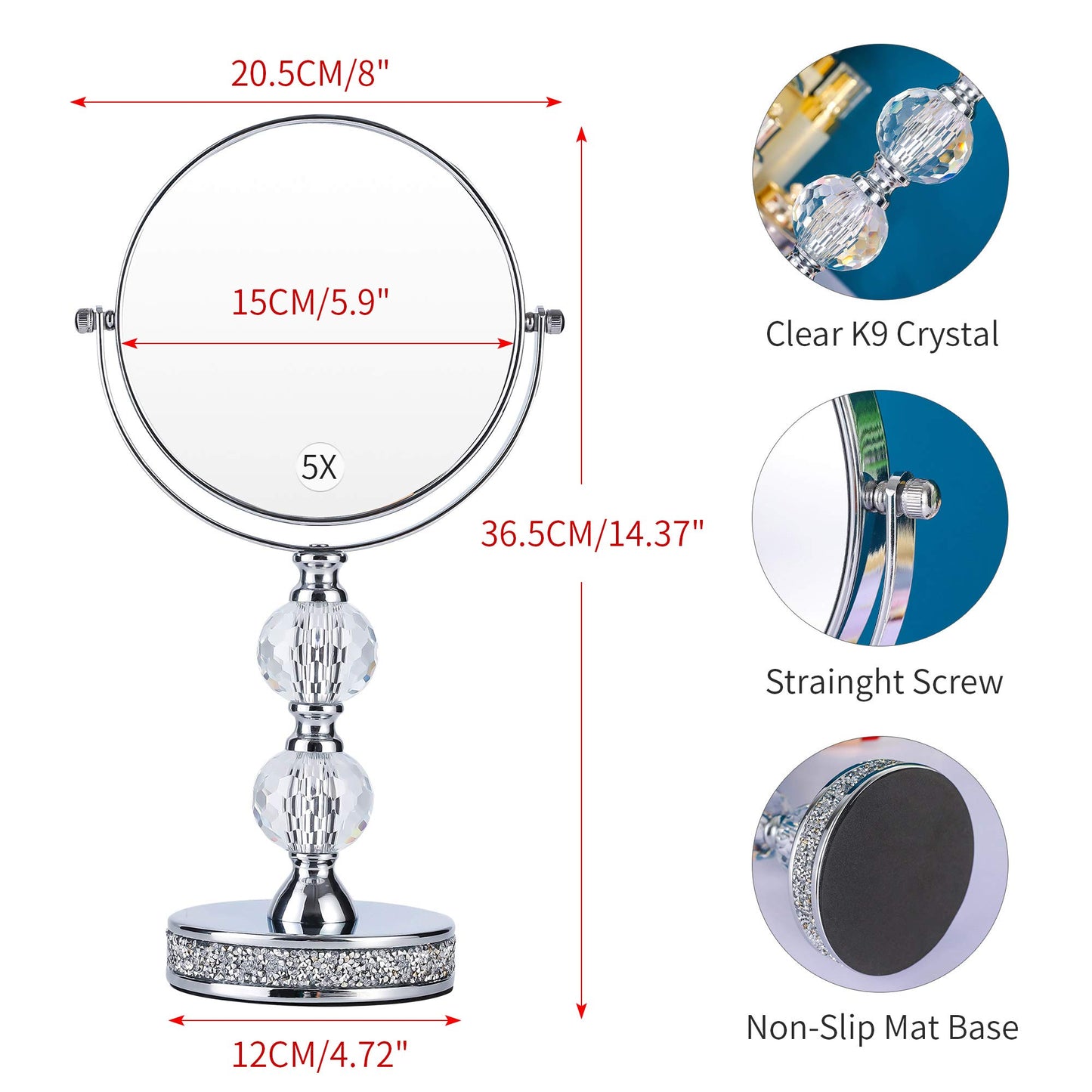 Makeup Mirror, 360 Degree Swivel Vanity Mirror, Crystal Cosmetic Mirror, 1X/5X Magnifying Double Sided Mirror,Adjustable Makeup Mirror M020