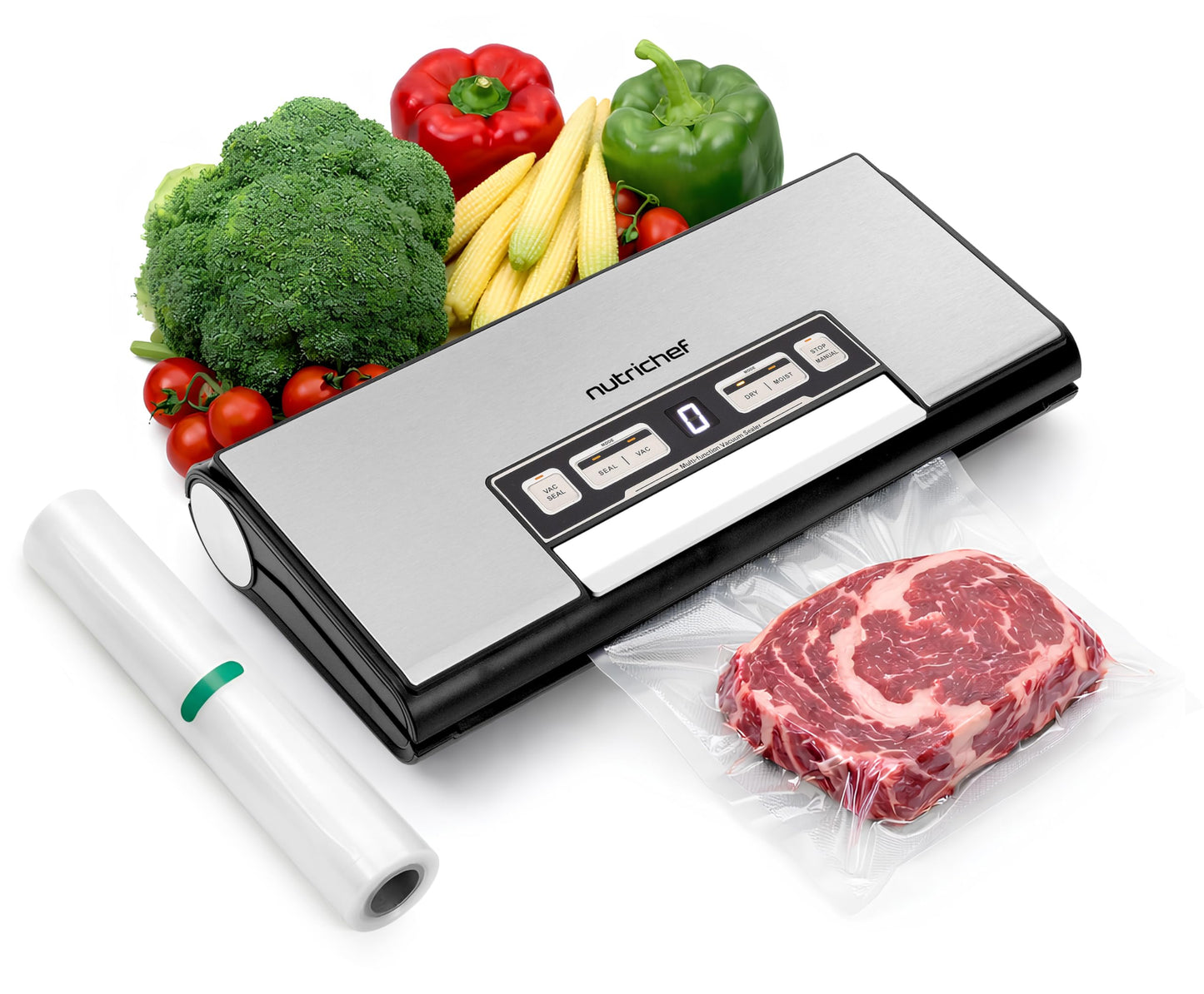 NutriChef Vacuum Sealer Machine, 80kPa Food Vacuum Sealer with Cutter, Bag Storage, Suction Hose, 1 Bag Roll & 5 Vacuum Bags to Ensure Freshness, Suitable for Freezer Meal Prep & Portioning 14"x7"x3"