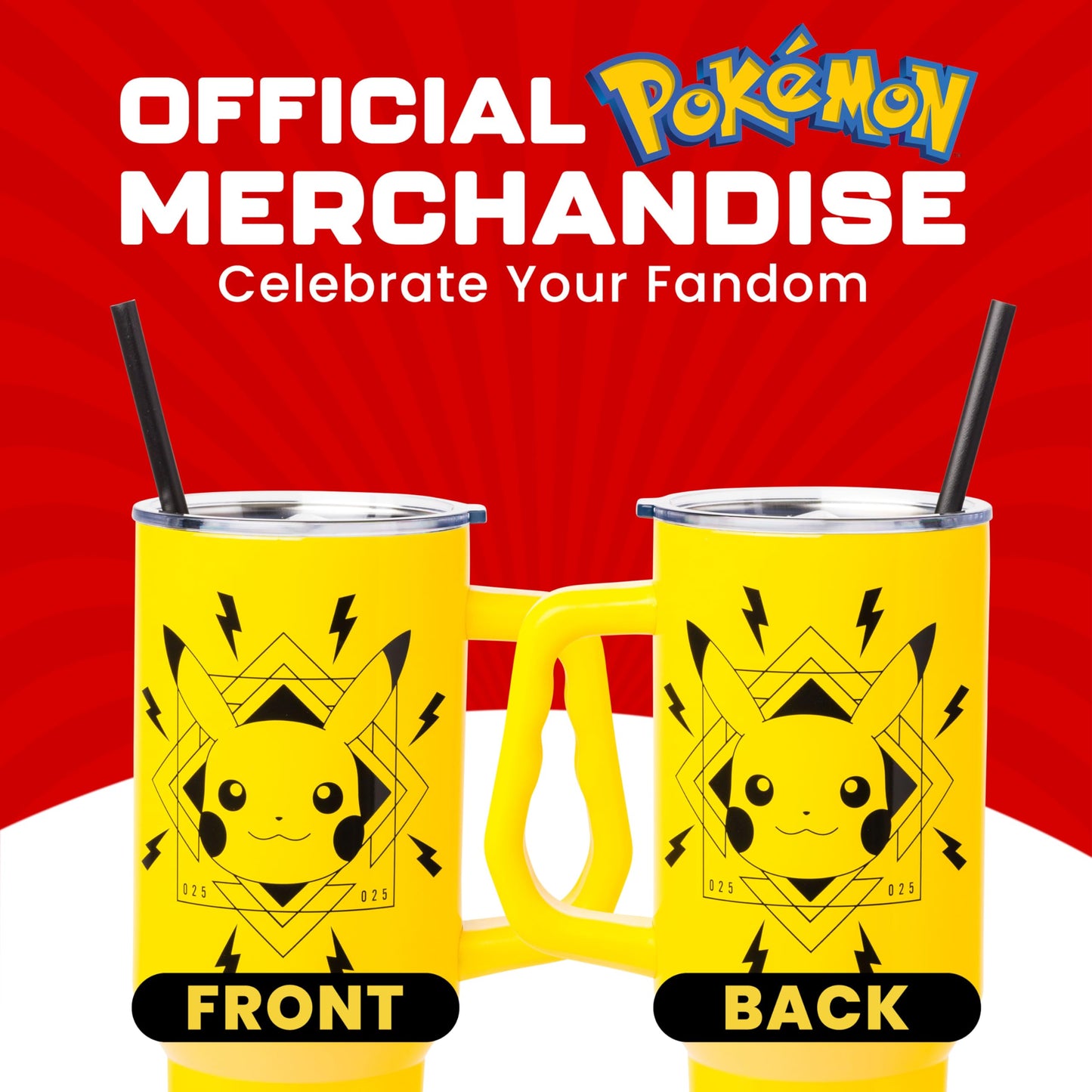 Silver Buffalo Pokémon Featuring Pikachu Lightning Double Walled Stainless Steel Tumbler with Handle, Fits in Standard Cup Holder, 40 Ounces