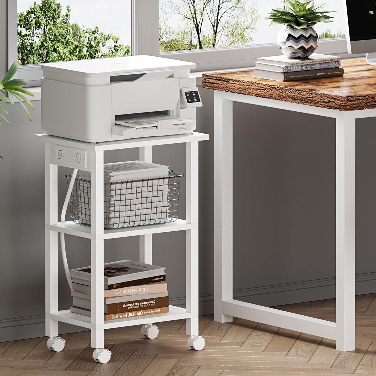 TUTOTAK 3 Tier Printer Stand, Rolling Printer Cart with Power Outlets and USB Ports, Mobile Printer Table with Wheels, for Under Desk, Office, Home, White PS02BW001