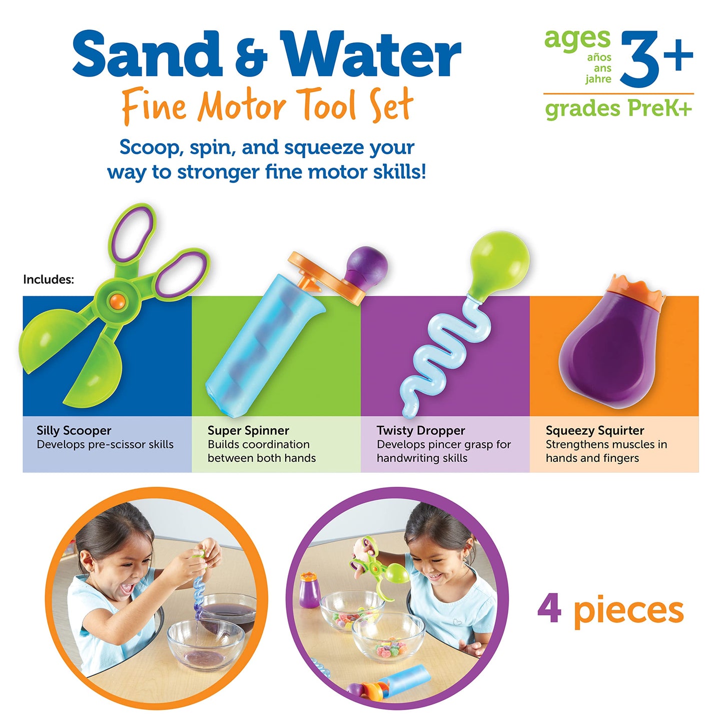 Learning Resources Sand & Water Fine Motor Set, Construction Toy, 4 Pieces, Ages 3+ (LER5559)