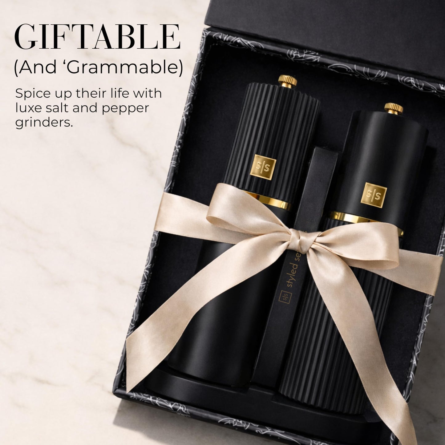 Wooden Salt and Pepper Grinder Set – Refillable Manual Salt and Pepper Mills with Adjustable Ceramic Burrs, Gold Detailing, and Wood Stand – Dark Wood