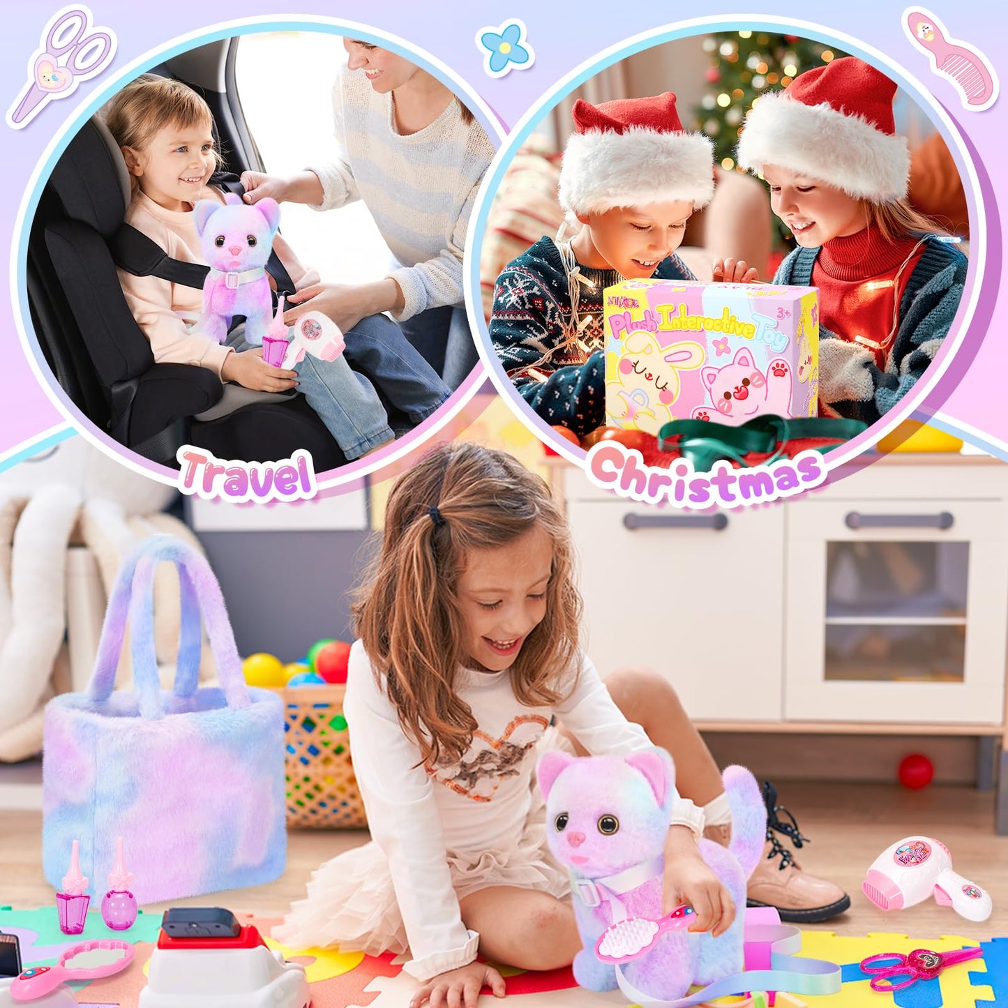 NINAOR Plush Toys for Kids Pretend Play with Crossbody Bags, Interactive Cow Stuffed Animals Pet Care Plushies Cute Stuff