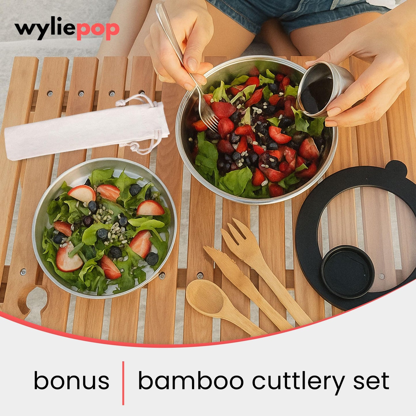 Wyliepop 64oz Stainless Steel Salad Bowl Kit & 3Pcs Bamboo Cutlery Set with 2x Condiment Containers, Insert Tray, Bowl & Leakproof Lid - Salad Bowl To Go Lunch Portable Reusable