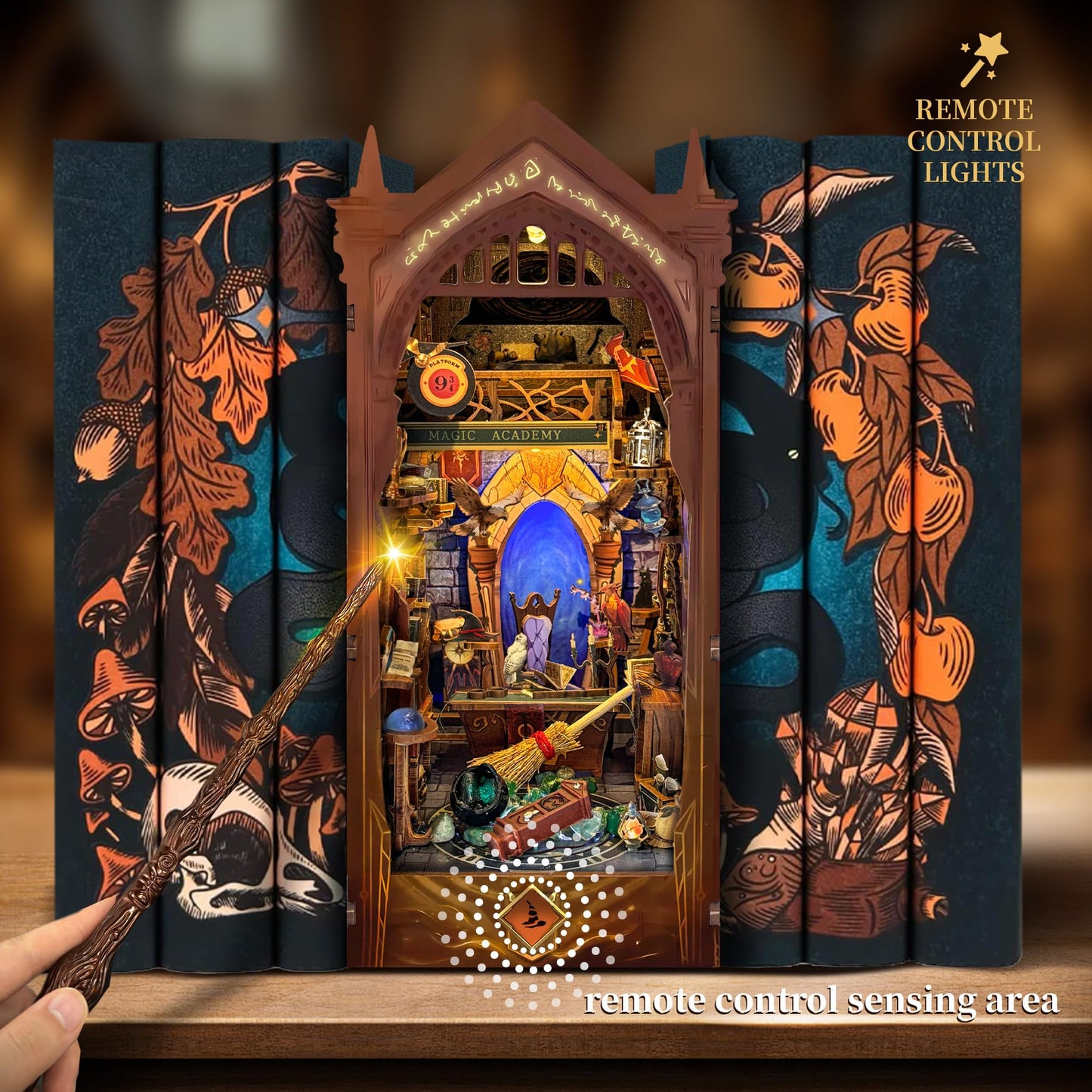 IBOHEYE Book Nook Kit - 3D Wooden Puzzle Bookend Set, Magic Academy, A Perfect Puzzle Gift for Adults