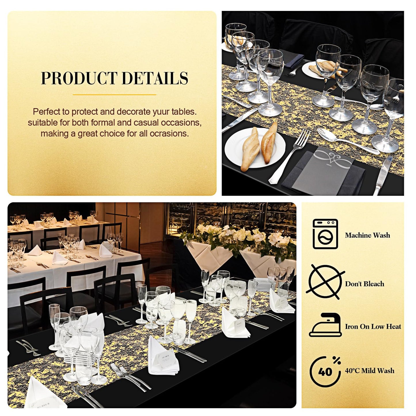 Peryiter 12 Polyester Rectangle Tablecloth 60 x 102'' and Sequin Gold Table Runner, Decorative Fabric Waterproof Table Cover Set for Christmas New Year Wedding Dinner Anniversary Party(Black)
