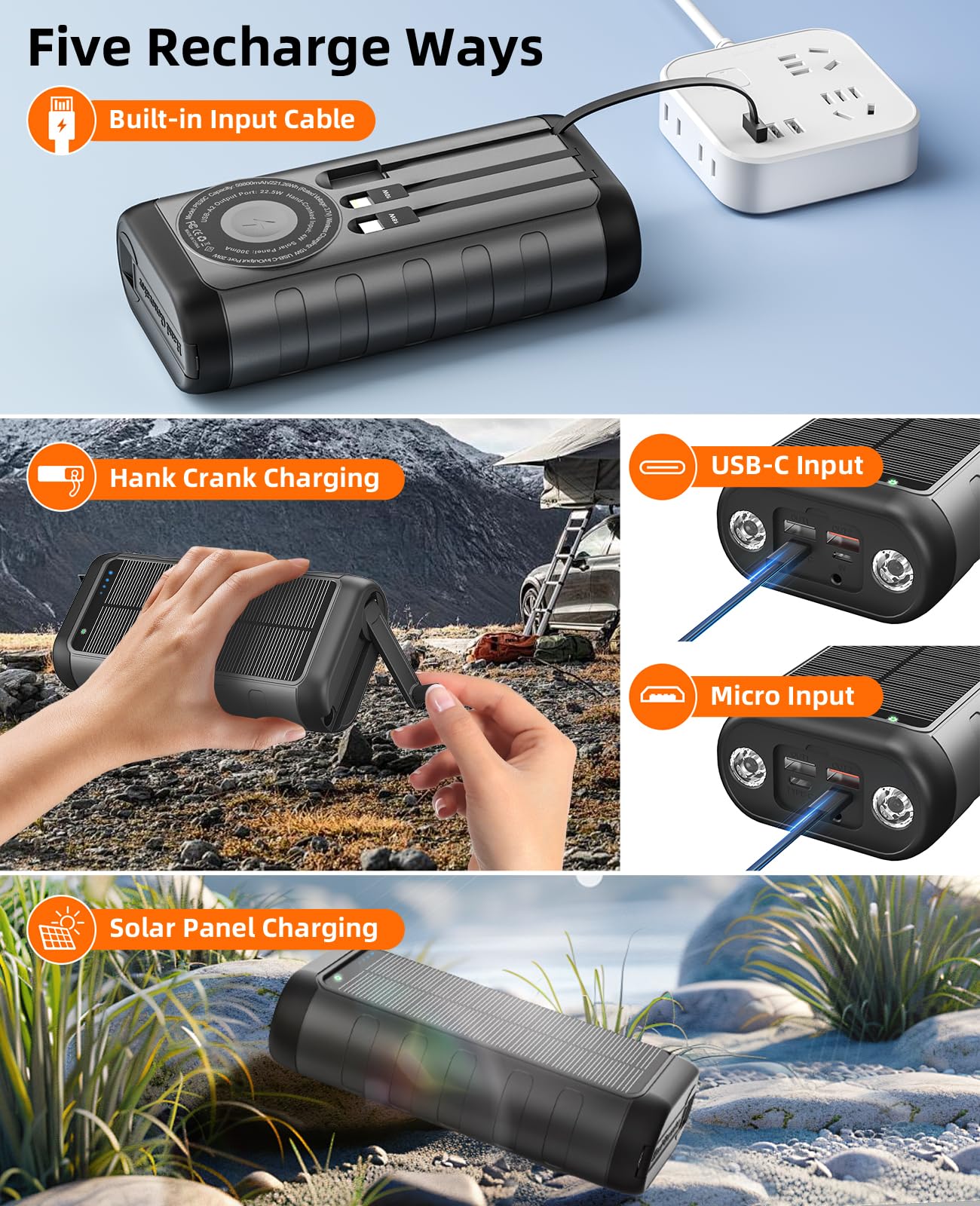 Solar Charger, 59800mAh Portable Power Bank for All Phones, Outdoor Waterproof Battery Pack Built in Hand Crank, 15W Wireless Charger 6 Outputs & 3 Inputs/LED Flashlights, Perfect for Camping Travel