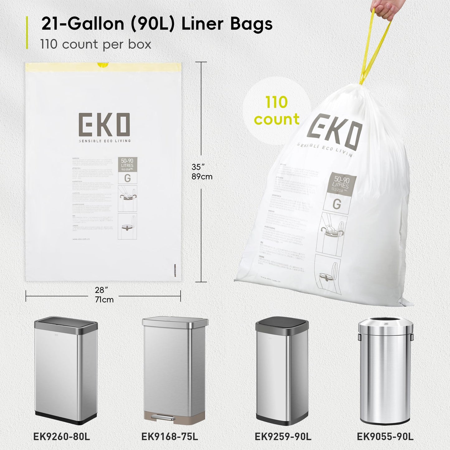 EKO 21 Gallon / 50-90 Liter,110 CountDrawstring Trash Bags, Extra-Strong Unscented Garbage Bags, Easy-Dispense Roll for Kitchen & Household Use, Resists Tears, Leaks and Punctures, Code G, White