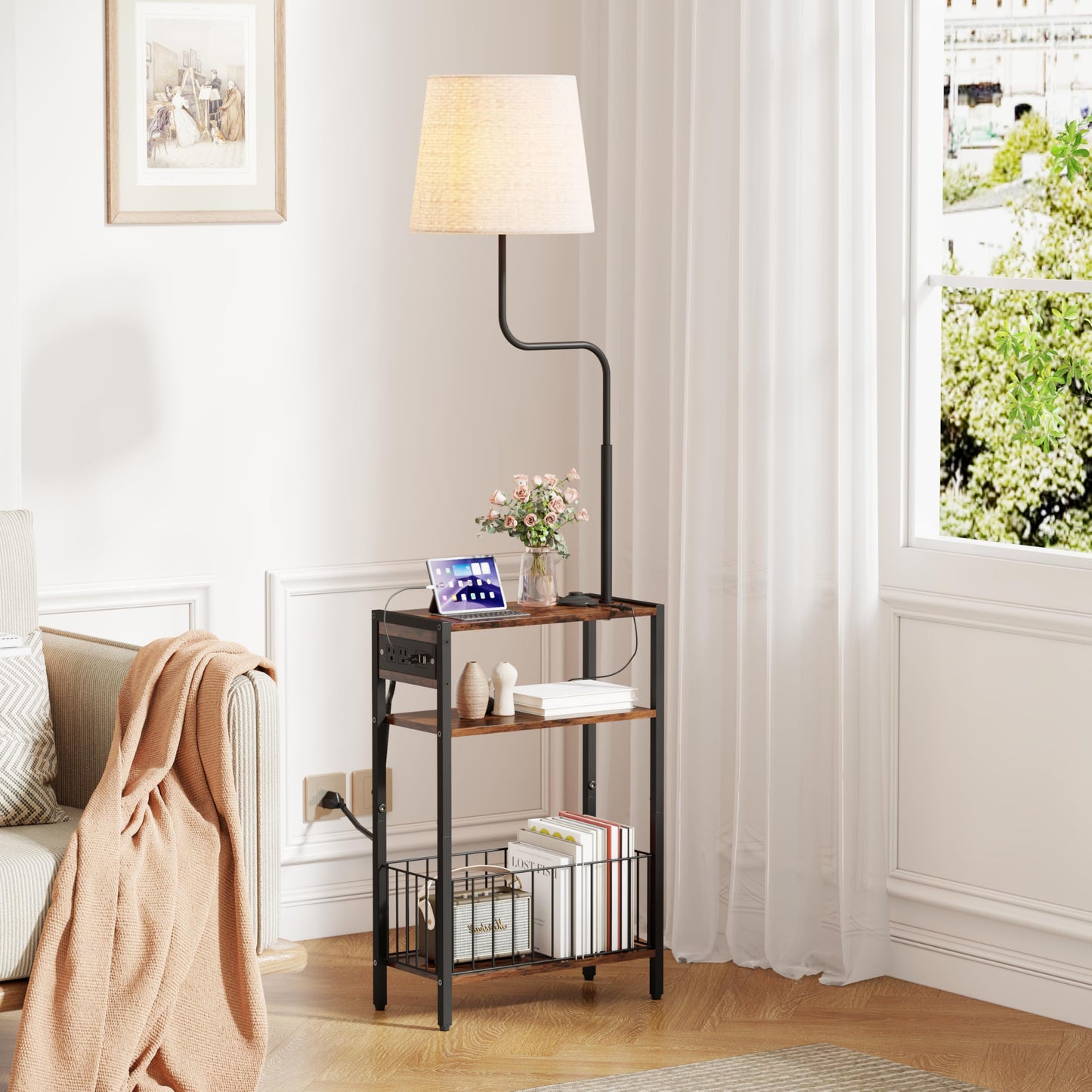 HavenlyYouth Floor Lamp with Table & Storage Baskets, End Table with 3 Color Temperatures LED Bulb, Nightstand with Charging Station, Shelves Side Table for Living Room, Bedroom, Office - Brown
