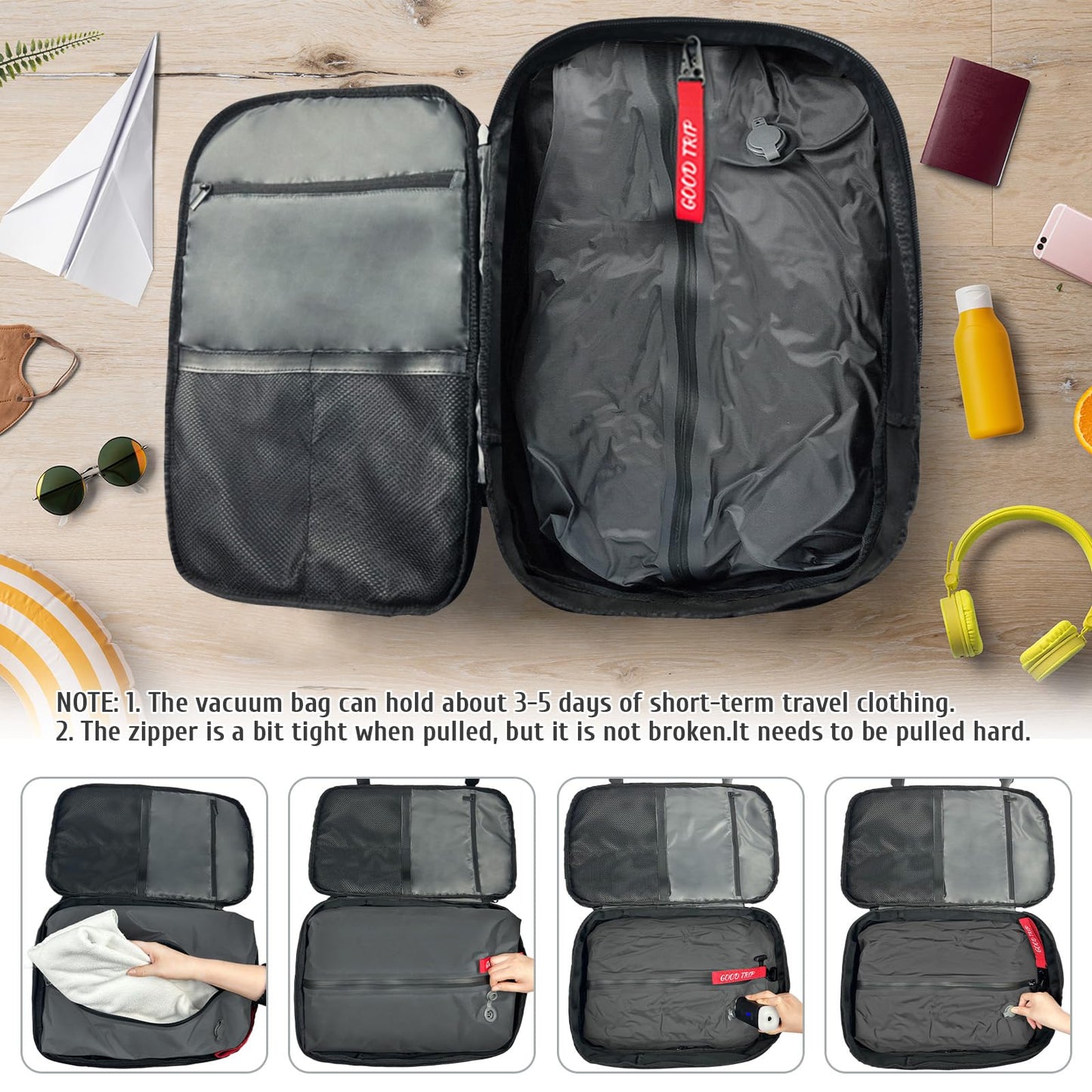 Vacpack with Detachable Air Bag,60L Vacuum Backpack Travel with Usb Charging Port and Pump, Carry on Backpacks with Vacuum Compression,Suitable for Short Trip and Business