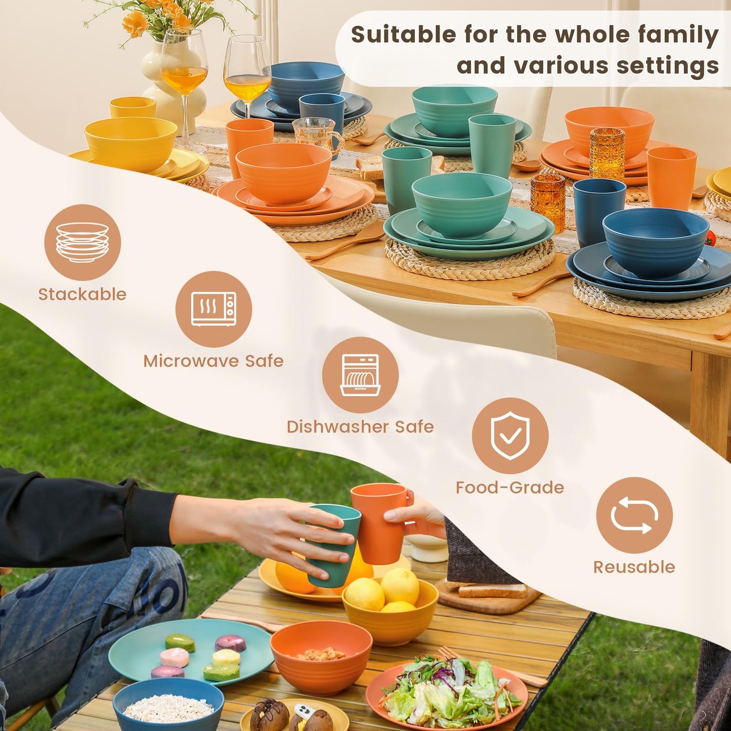 Homienly 40-Piece Premium Wheat Straw Dinnerware Sets, Service for 8, Unbreakable Plates and Bowls Set - Cups Sets, Dinner Plates, Bowls for Kitchen,Dishwasher and Microwave Safe Dishes Set - Multi