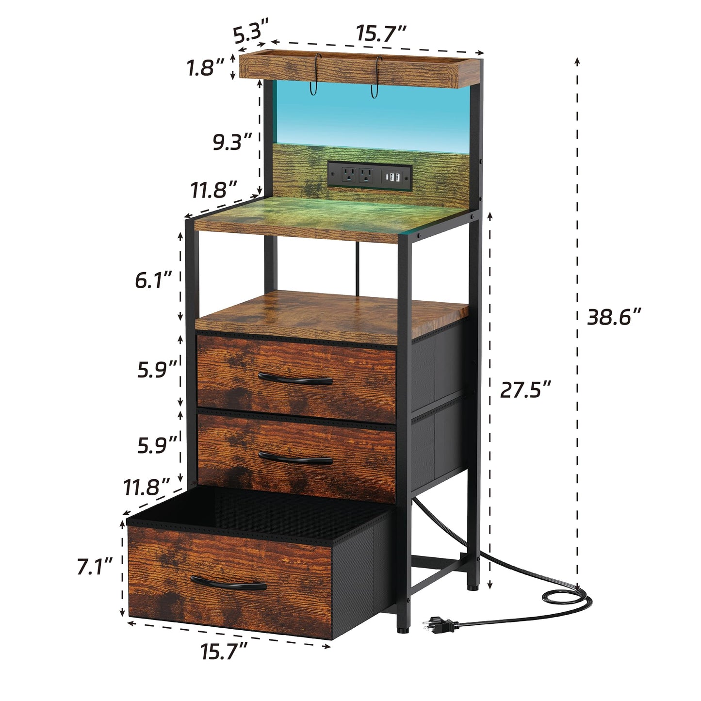 SZLHANJZ Night Stand, Nightstand with Charging Station, 3 Drawers Night Stand with Storage and LED Lights, 3 Shelves and Hooks, End Side Table for Bedroom, Rustic Brown