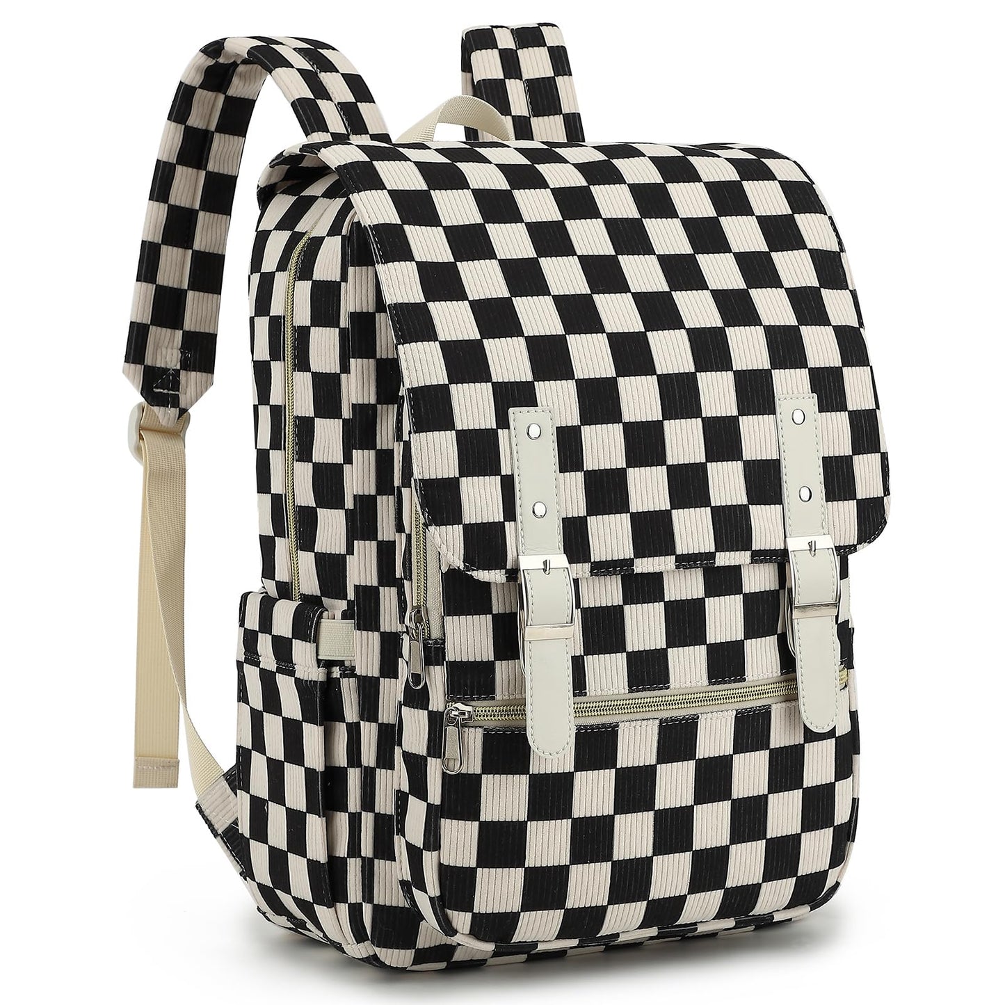 Dezcrab Corduroy Travel Backpack for Women, 15.6 Inch College Laptop Backpack, Fashion School Bookbag Work Backpacks (Corduroy Checkered Black)