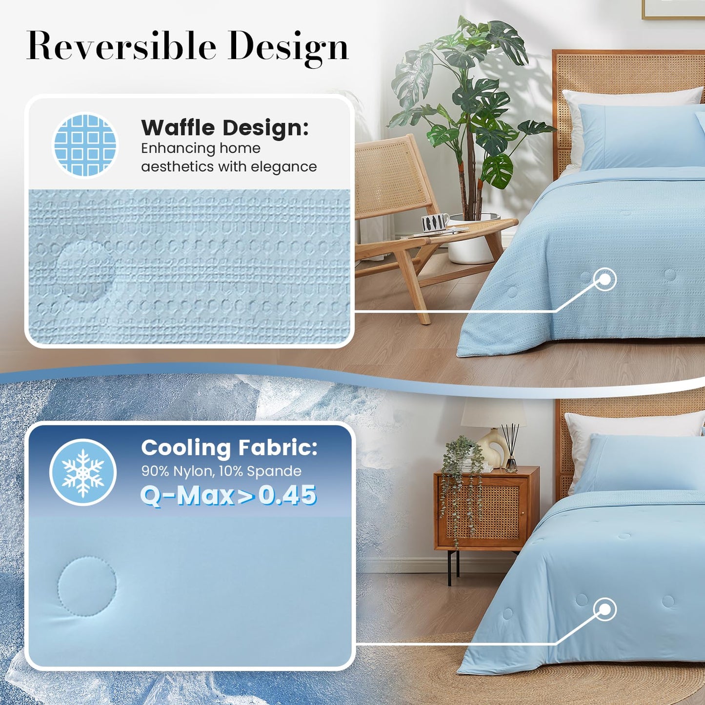 Amélie Home Waffle Cooling Comforter Queen Size, Q-Max 0.45 Reversible Lightweight Cooling Blanket for Hot Sleepers, Breathable Bedding for Night Sweats, 90"x90", Sky Blue