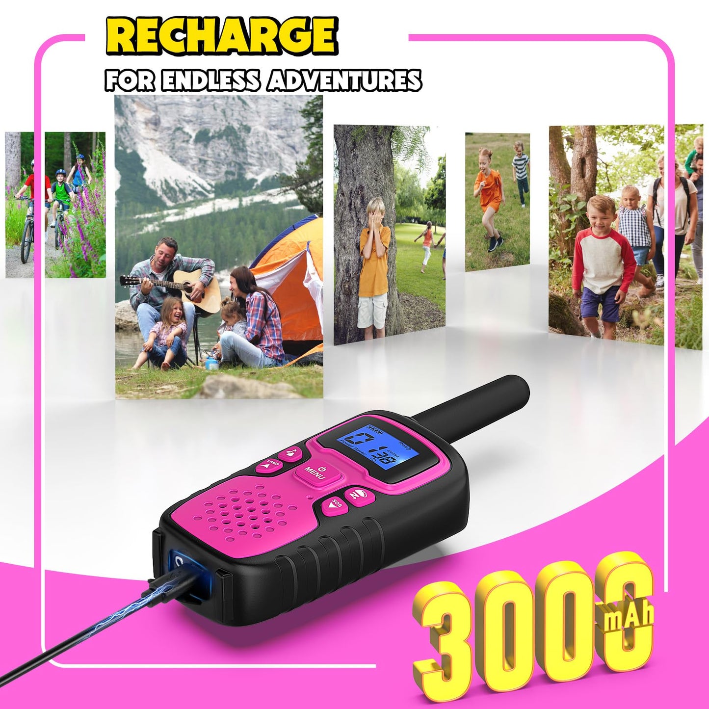 Wishouse Walkie Talkies for Kids Rechargeable Long Range,Xmas Birthday Gift for 4 5 6 7 8 9 Year Old Girls,Hiking Gear Camping Games Cool Toys with NOAA,SOS Siren,Lamp,Lanyards,Easy to Use,2 Pack