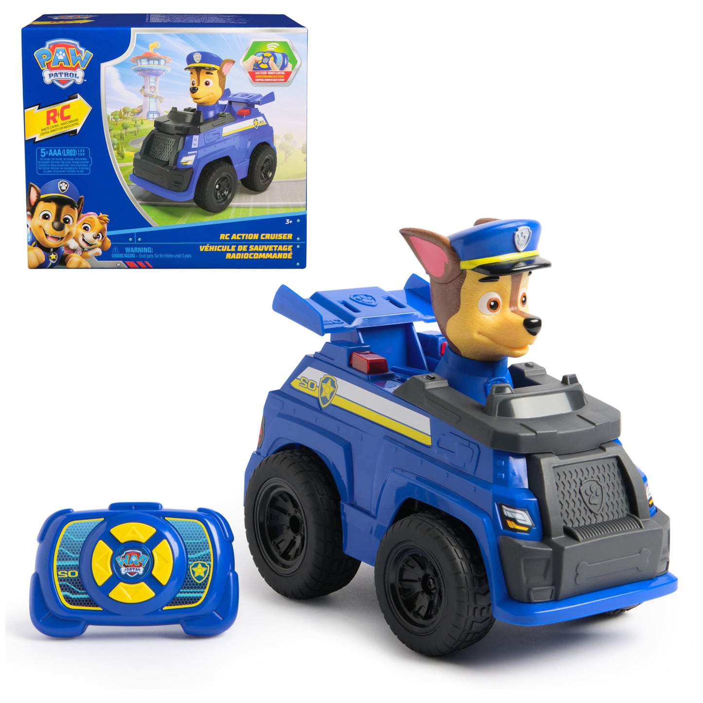 PAW Patrol Chase RC Action Cruiser, Remote Control Car with LED Lights & Easy-Steer Controller, Pretend Play Kids Toys for Boys & Girls Ages 3 and Up