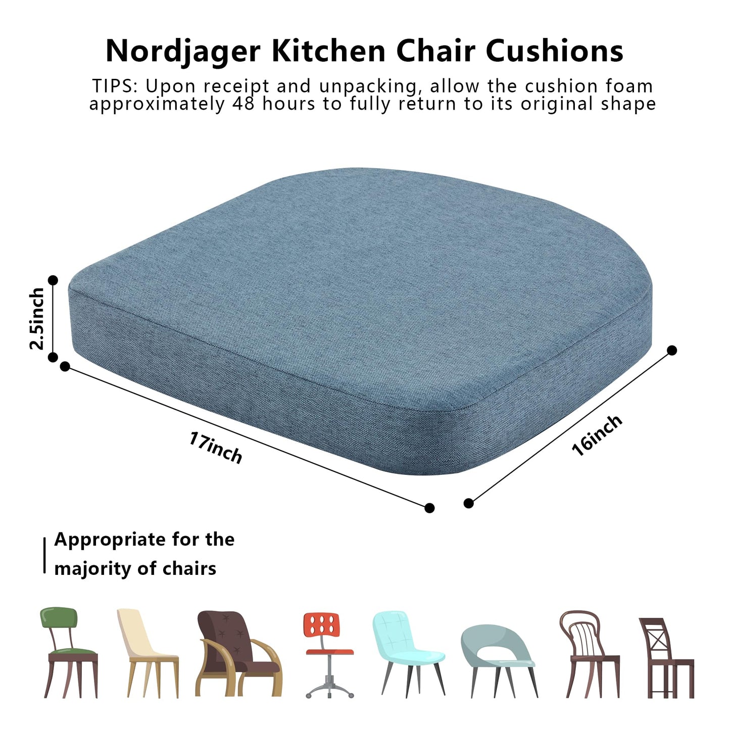 Nordjager Chair Cushions for Dining Chair Seat Set of 4, Memory Foam Chair Pads Help You Relief from Sedentary Discomfort in The Office or Kitchen and Dining Rooms(17" x 16" x 2.5", Blue)
