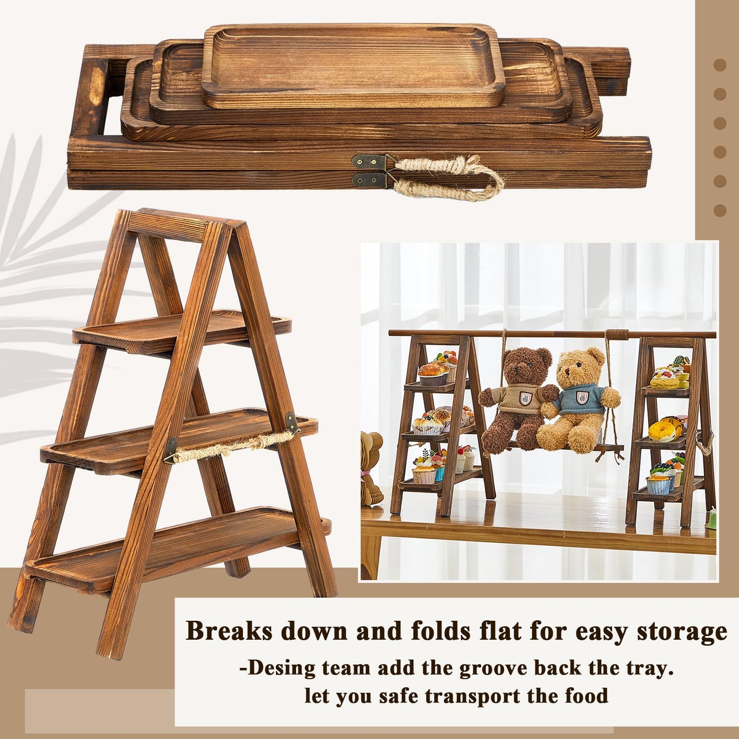 Beeveer Wooden Double 3 Tier Serving Tray Ladder Stand with Serving Platter Tray Party Food Display Set for Cake Snack Fruit Chips Bread Centerpieces(20 x 30 Inches,Dark Walnut)