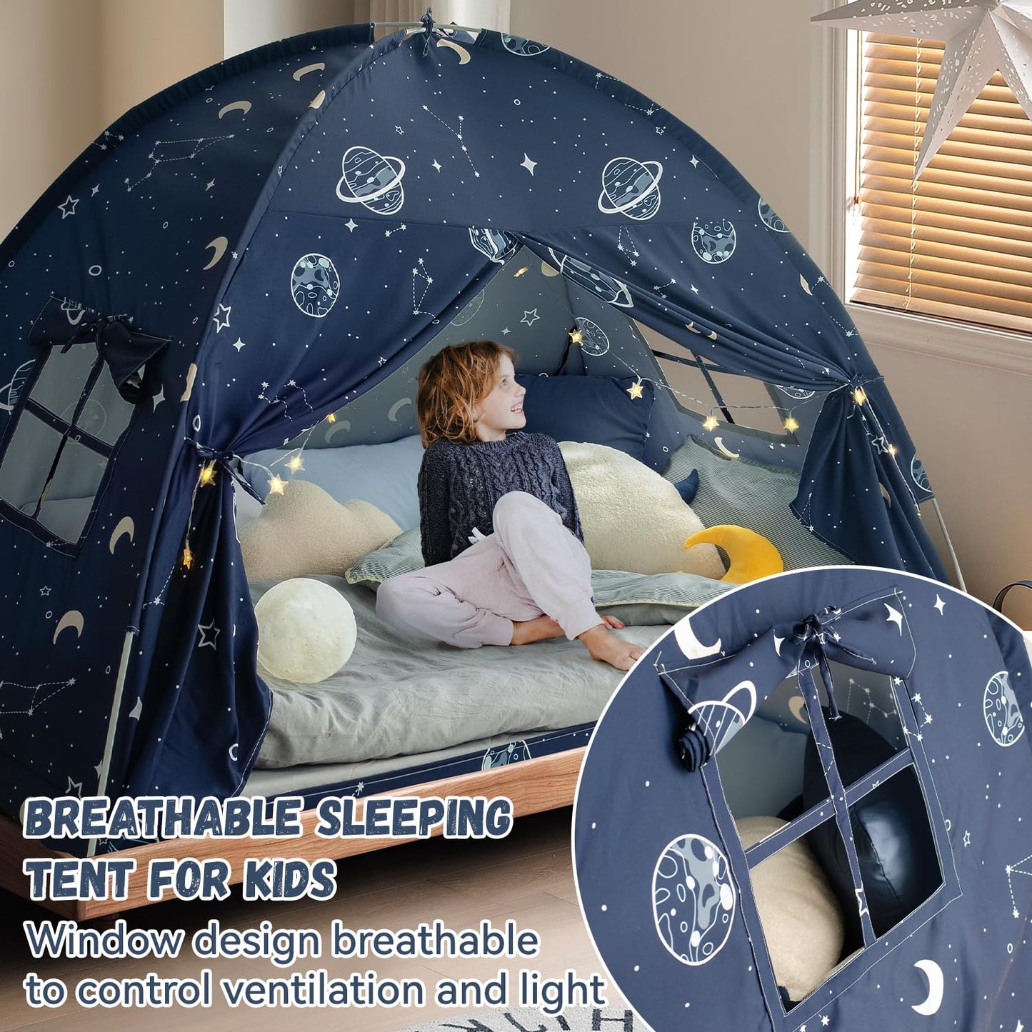 Bed Tent Twin, Space Play Canopy for Kids Boys, Bunk Canopy Tent for Toddler Bed, Galaxy Dome Playhouse Portable Sleeping Tents Indoor