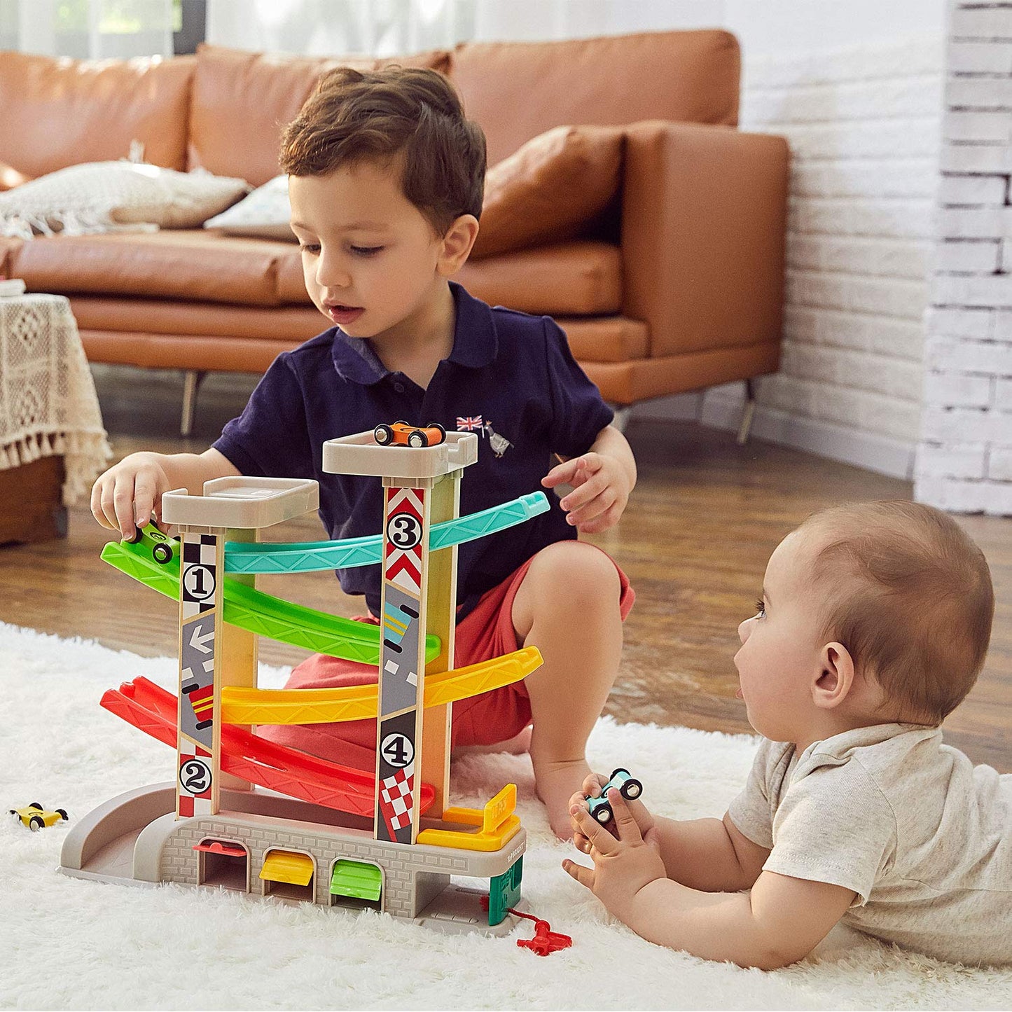 Top Bright Car Ramp Toys for 1 2 3 Year Old Boys Girls Gift, Wooden Race Track for Toddler 1-3, Montessori Toy for 18 Months with 4 Mini Cars