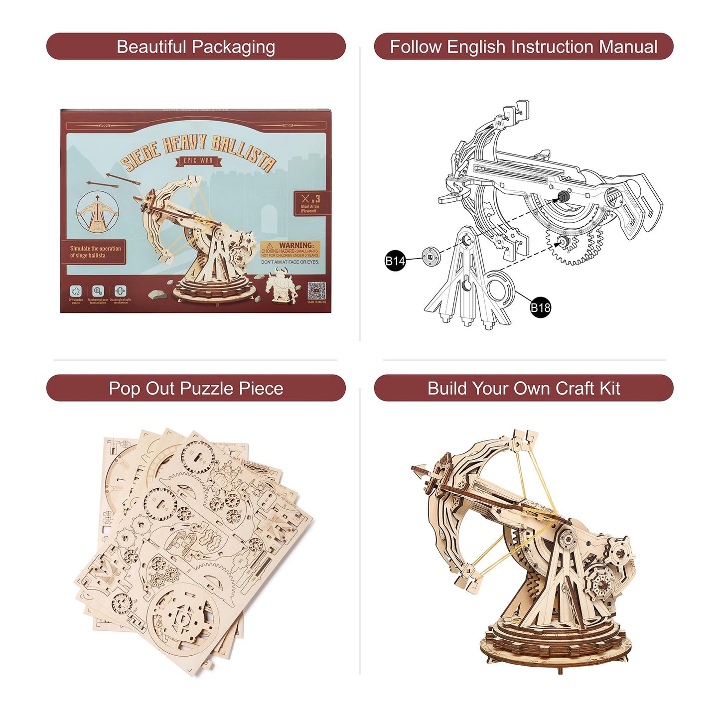 Rowood 3D Wooden Puzzles Catapult Kit for Adults, DIY Catapult Mechanical Wooden Model Kits Toys to Build for Adult, Cool Birthday Gift Choice