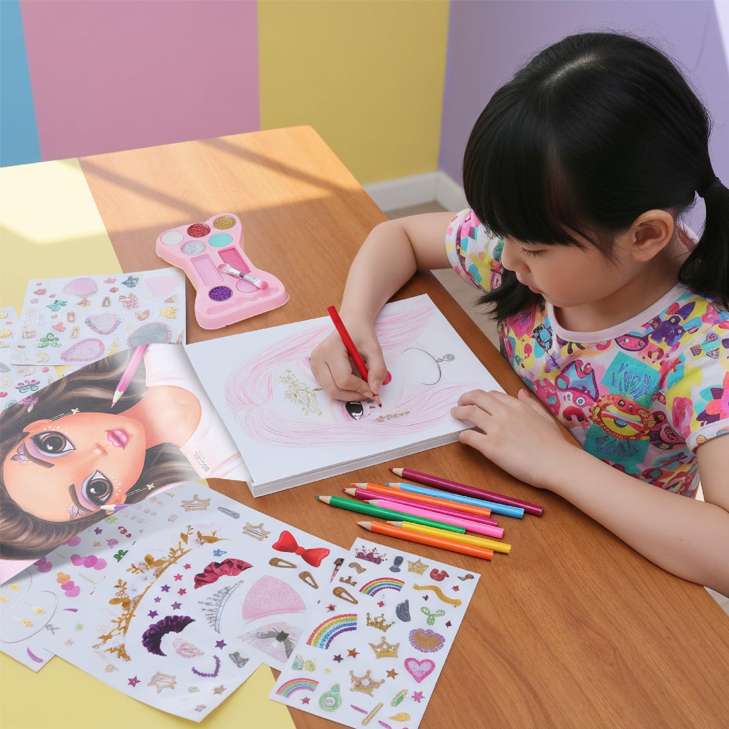 BSCOOL Make-up Artist Kit - 2 Sets Pretend Play Makeup & Sticker Coloring Book, Includes Palette, Brushes, Pencils & 200+ Stickers, Girls Beauty Toy Ages 5+