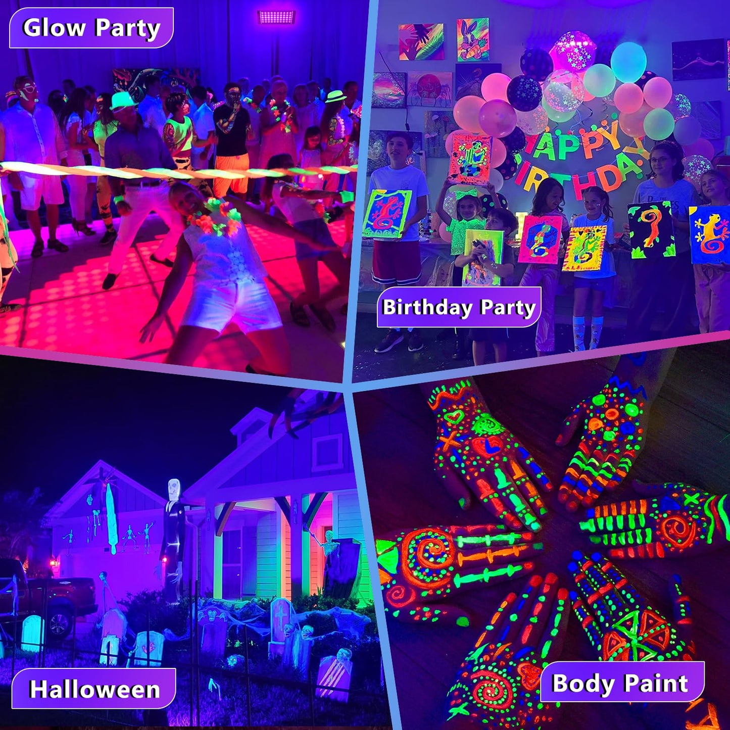 Akpgf 6 Pack 50W Black Light, LED Blacklight with US Plug and Switch, Black Lights for Glow Party,Halloween,Body Painting,Birthday Party,Fluorescent Painting and Tapestry