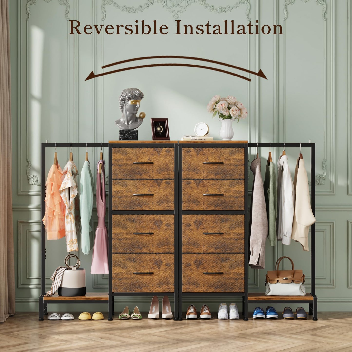 HIGDBFE Dresser with Hanging Rack, 4 Drawers Small Closet for Bedroom, Reversible Fabric Kids Chest of Drawers with Clothes Rack, Tall Storage Tower, Sturdy Frame, Rustic Brown, 44''H