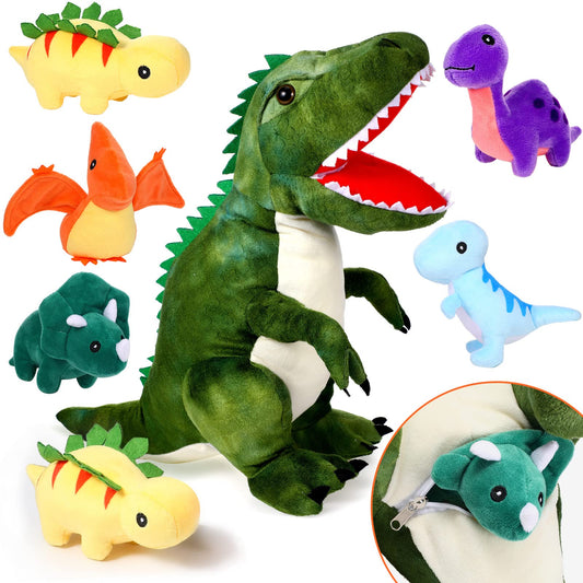Chalyna 15.7 Inch Plush Dinosaur Plush Stuffed Animal with 5 Cute Little Dinosaurs in Tummy Carrier Baby Dinosaur Gift Set Kid Soft Cuddly Stuffed Pillow for Birthday Valentines Party Favor