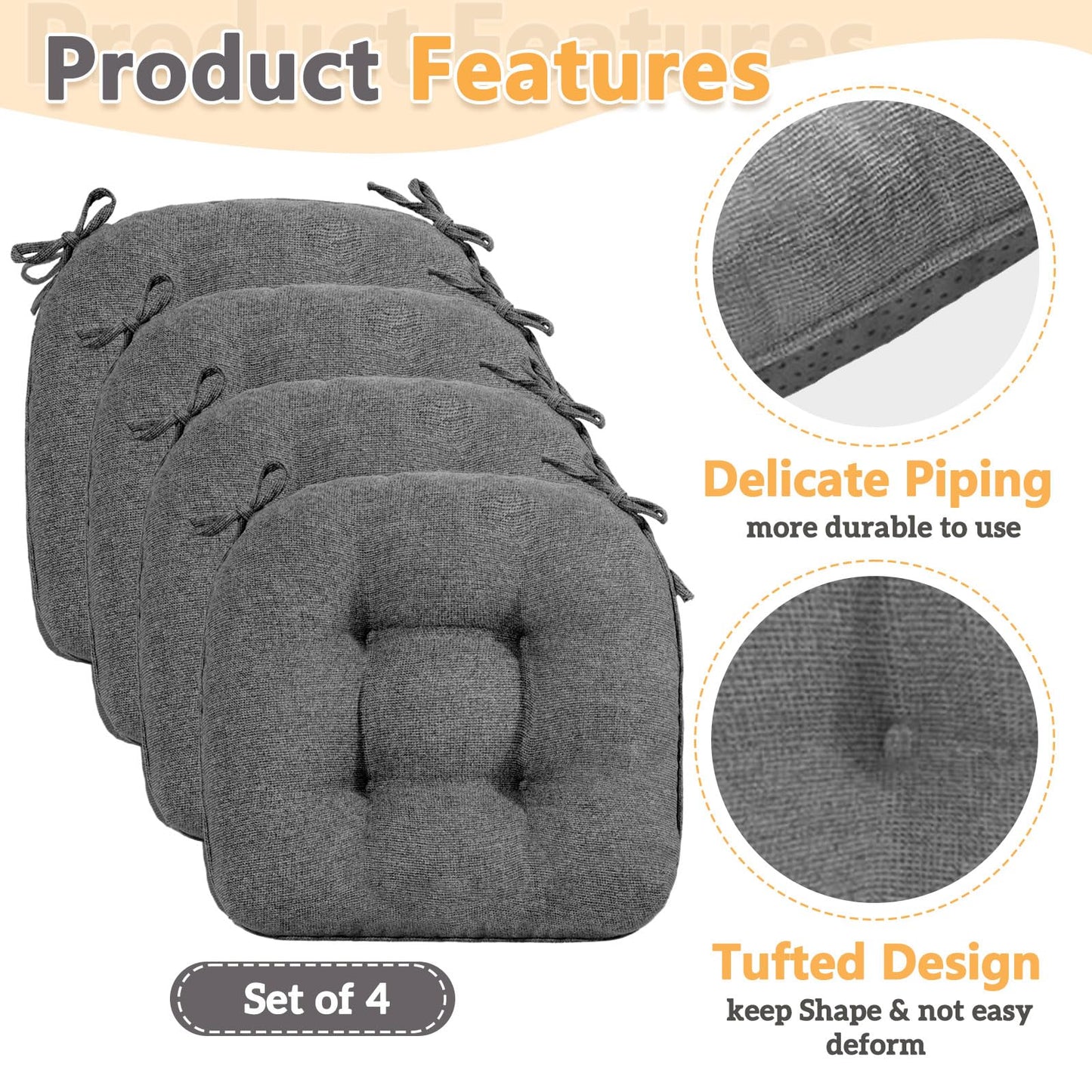 MAGIC ELEPHANT Chair Cushions for Dining Chair, Shredded Memory Foam Kitchen Chair Cushions Set of 4, Non-Slip Thick Dinning Room Chair Pads Seat Cushions, 15.5" x 15.5" x 4" (Grey)