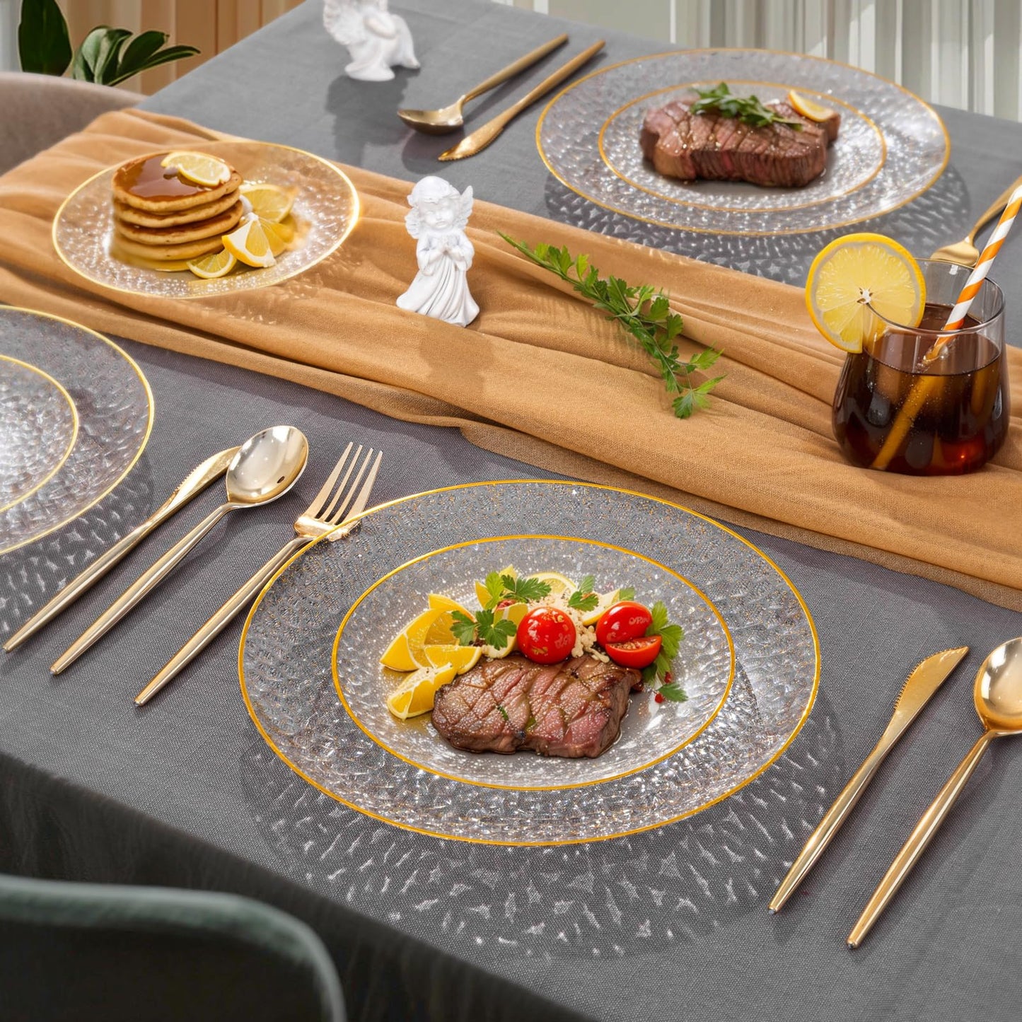 Rubtlamp 60Pcs Clear Gold Plastic Plates, Gold Glitter Disposable Plates, Hammered Plastic Plates Included 30 Dinner Plate And 30 Dessert Plates for Party