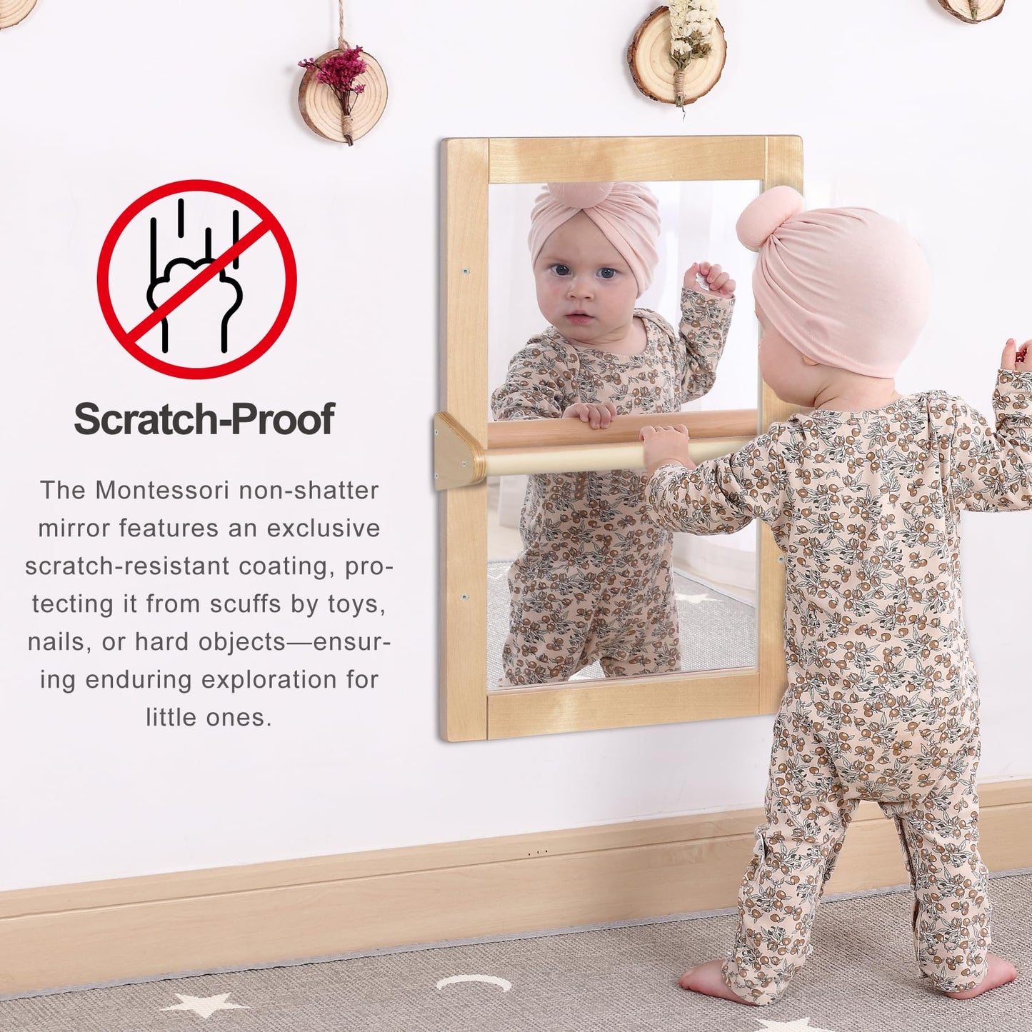 KRAND Baby Montessori Wooden Frame Non-Shatter Safety Mirror w/ 2 Pull Up Bars, Infant Coordination Small Mirror for 6-18 Months (Natural)