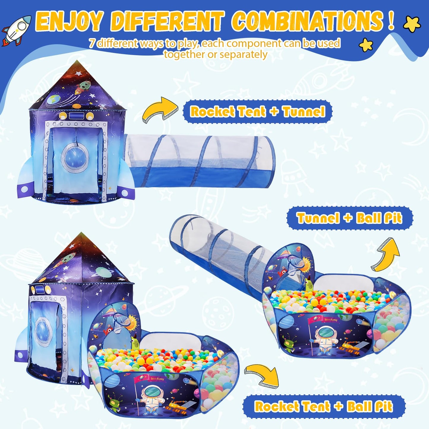 3 in 1 Rocket Ship Play Tent with Tunnel Ball Pit for Kids Space Themed Pop Up Playhouse Indoor Outdoor Astronaut Tent Set Toy Gift for Boys Girls Toddler Baby Child Games Birthday Party