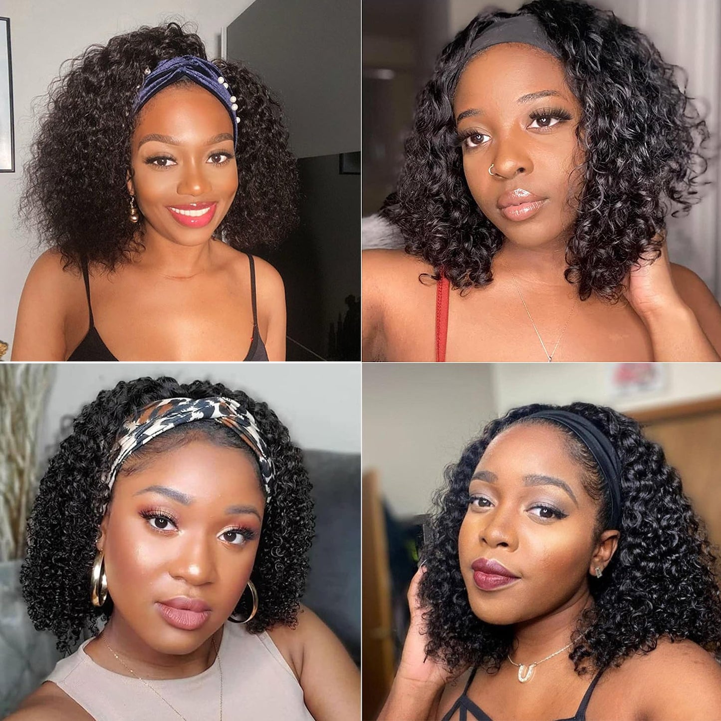 Youngirl Deep Wave Headband Wig Human Hair 14 Inch Curly Headband Wigs for Black Women Human Hair Glueless None Lace Front Wigs Brazilian Virgin Hair Wig Machine Made 150% Density Natural Black Color