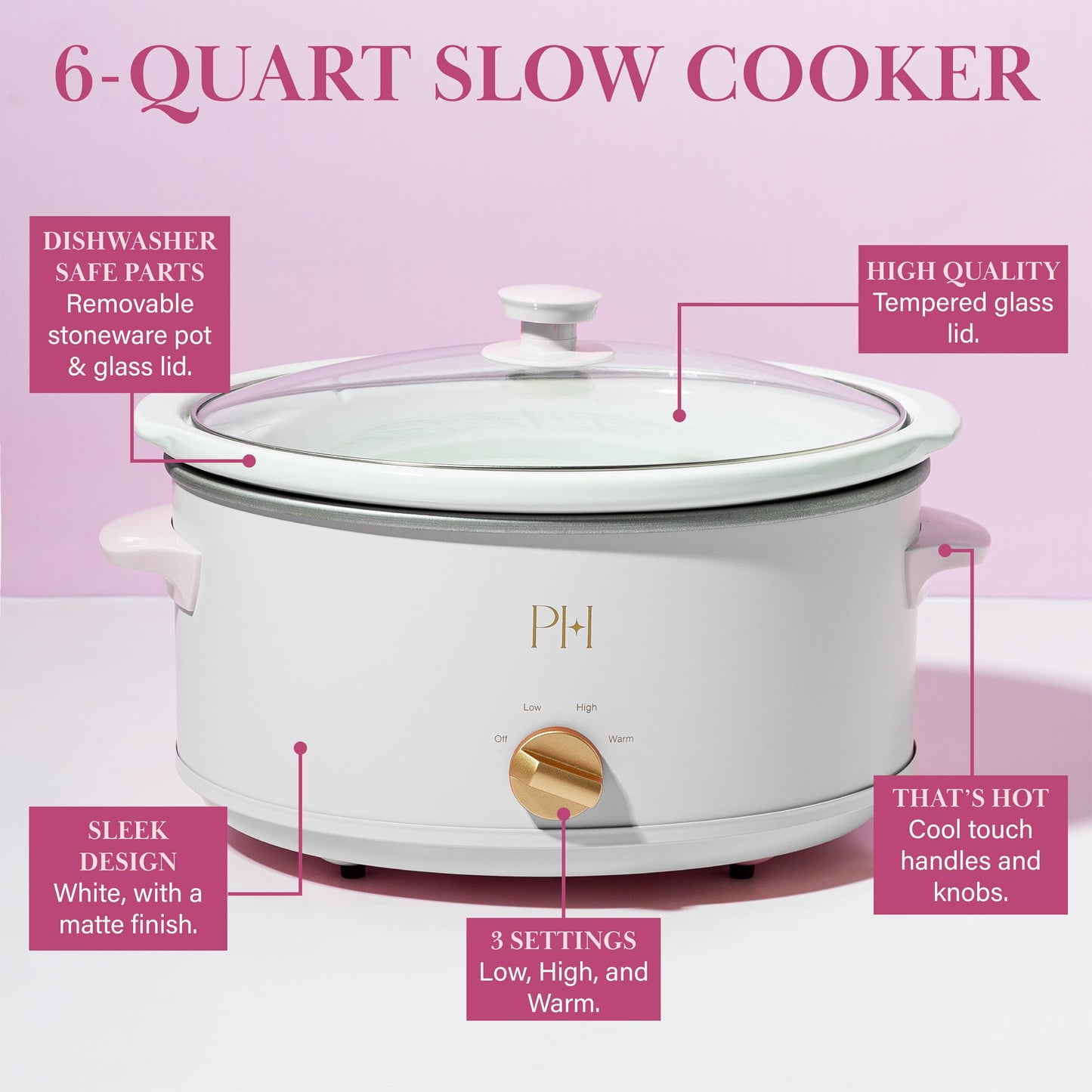 Paris Hilton 6-Quart Manual Slow Cooker, Naturally Nonstick Stoneware Ceramic Insert, Three Settings (Low, High, Warm), Dishwasher Safe Family Size Slow Cooker, White