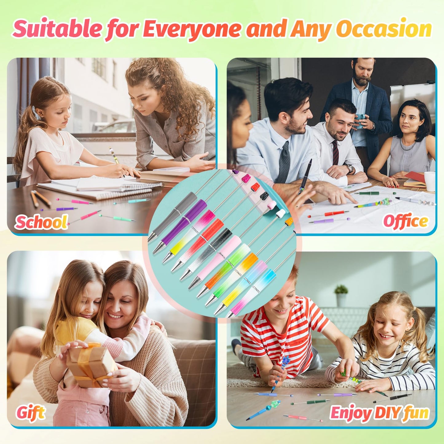 DASTTUIS 600 Pieces Beadable Pens - 200 Plastic Beadable Pens Bulk, Refills & Pen Bags Included - Beaded Pens Kit Cute Ballpoint Pens Black Ink - DIY Pens for Students & Teachers (Multicolor)