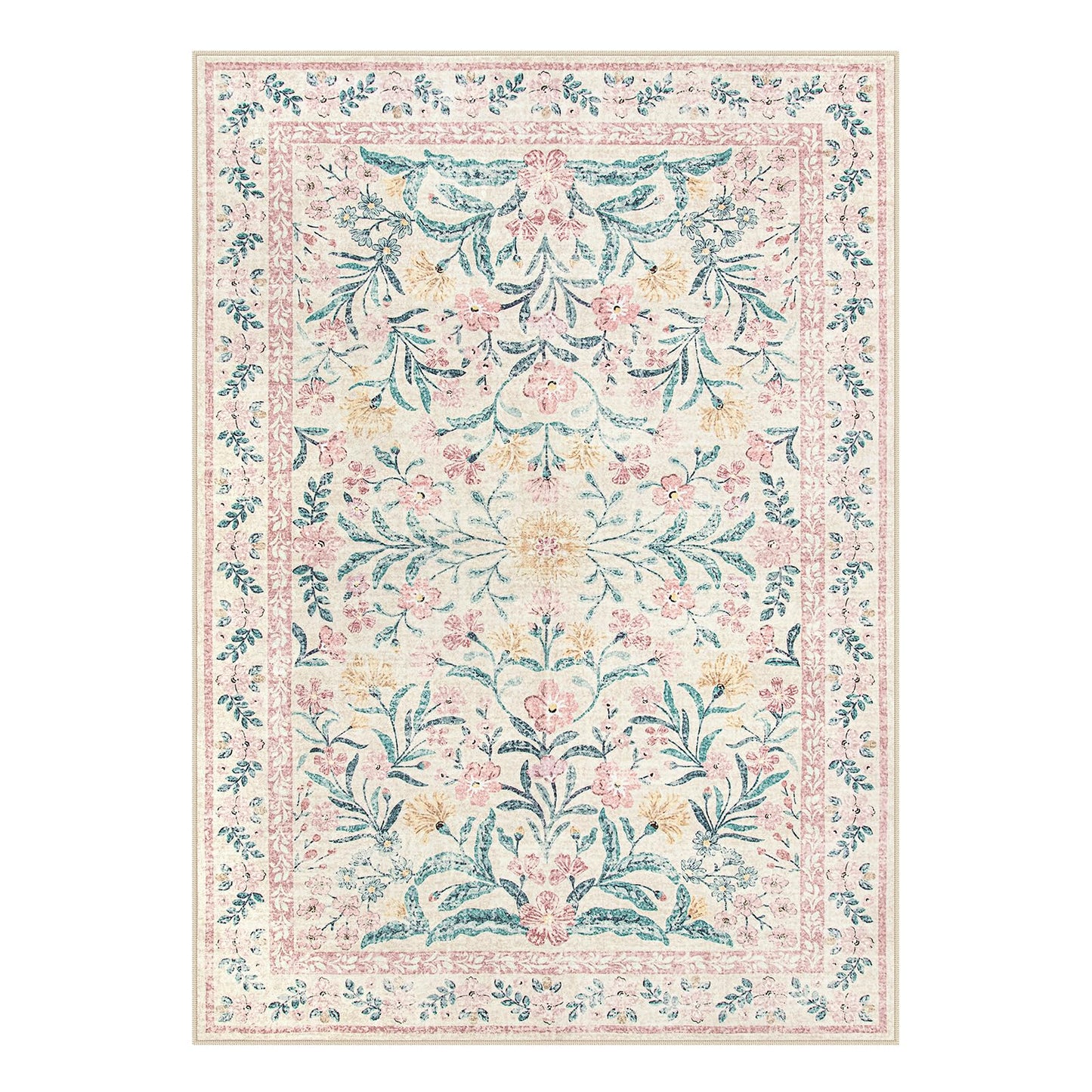 Lahome Pink Bedroom Rug for Girls Room Decor, 5x7 Washable Cute Playroom Nursery Rug, Soft Floral Low Pile Carpet for Kids Living Dining Room Indoor, Pink/Multi