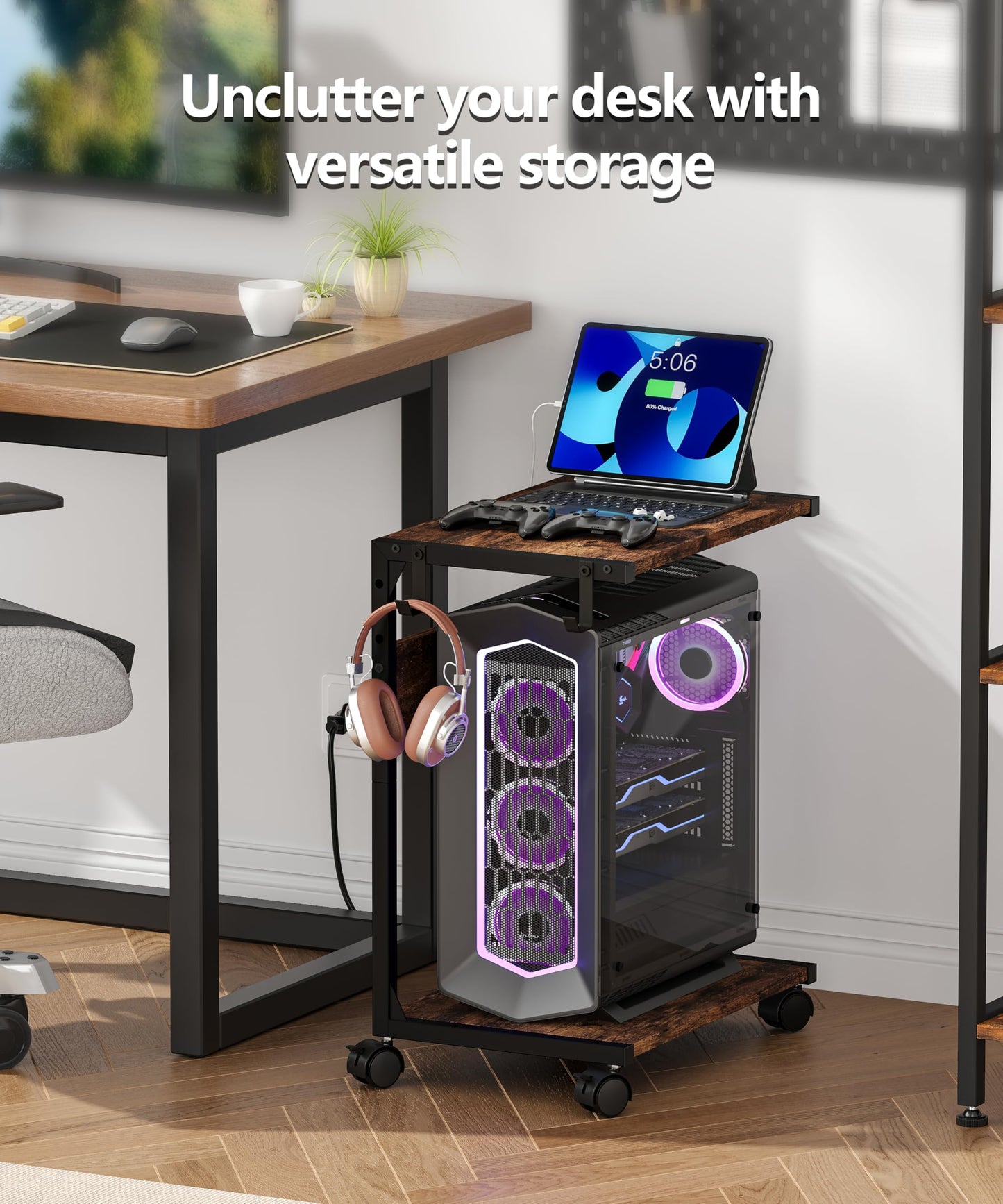 Akxomel 2 Tier Computer Tower Stand with Charging Station, 11.8" D x 16.5" W Rolling Floor PC Tower Stand Fits Under Desk, CPU Holder Cart for Carpet with Hooks, C Shaped End Table for Home Office