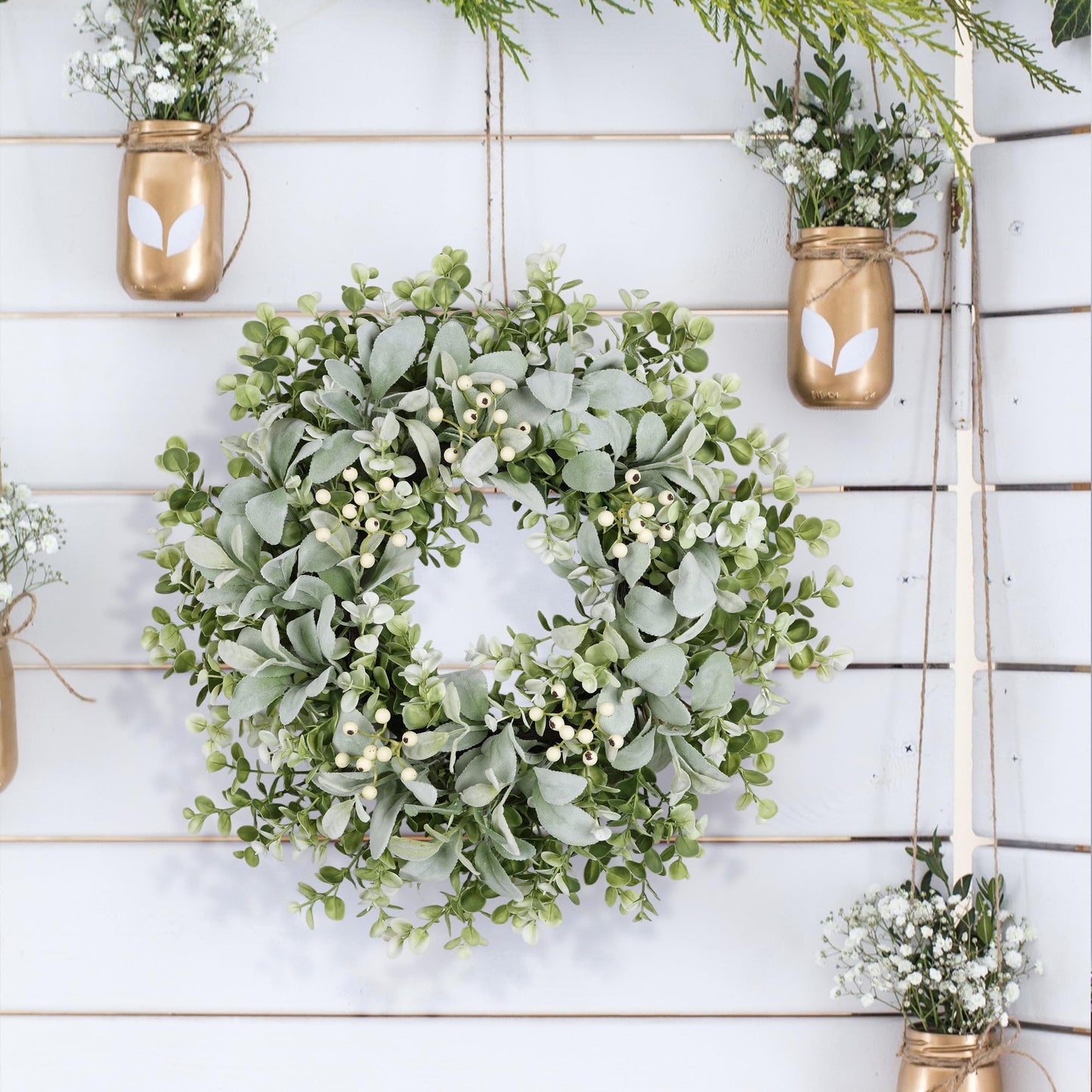 26 Inch Large Lambs Ear Wreaths for Front Door Spring Summer Lambs Leaves with White Berries, Artificial Greenery for Farmhouse Porch Wall Living Room Home Wedding Decor for All Seasons Wreaths